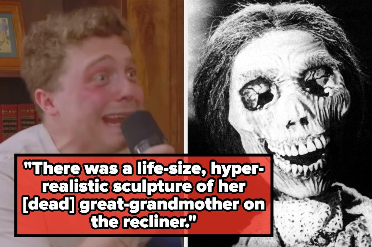 Two images: Left, a person speaking into a microphone, appearing surprised or amused. Right, an eerie sculpture resembling a skeleton