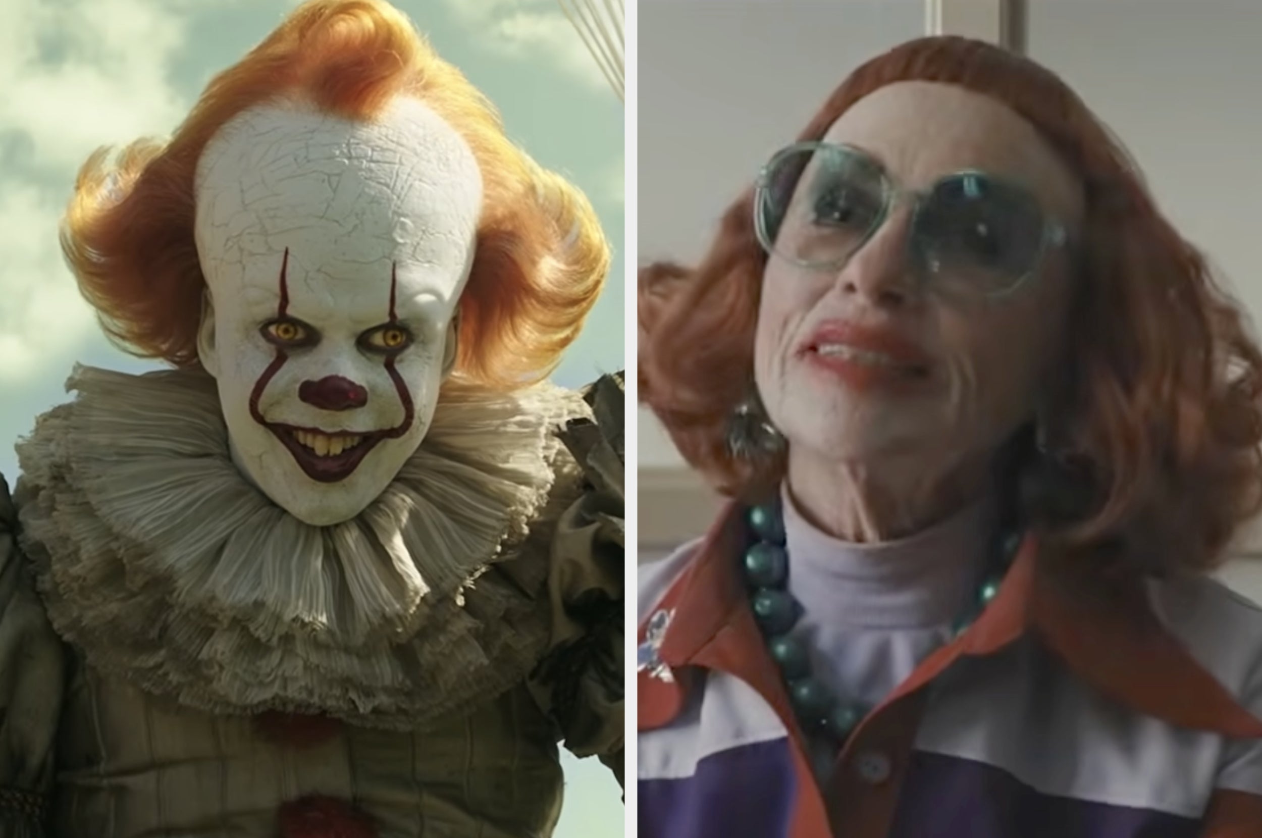 On the left, Bill Skarsgård smiling creepily as Pennywise the Clown in It Chapter 2, and on the right, Amy Madigan speaking while wearing large glasses as Aunt Gladys in Weapons