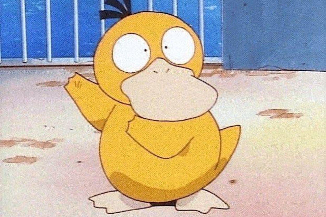 Cartoon Psyduck standing with its head slightly turned, looking surprised with wide eyes