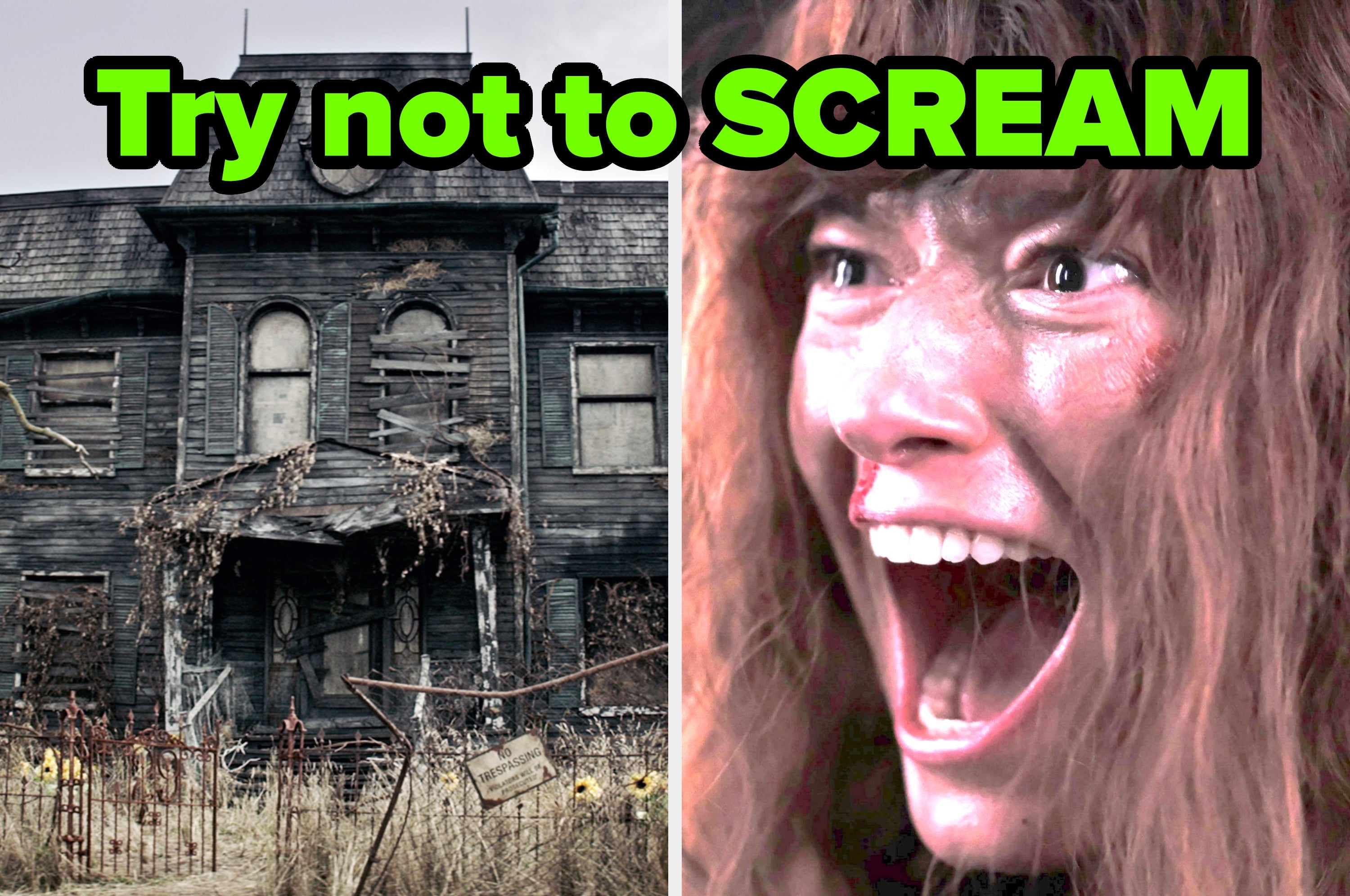 Split image: left side shows an eerie old house; right side depicts a person in a clown costume with bold makeup. Text asks about enduring a haunted house