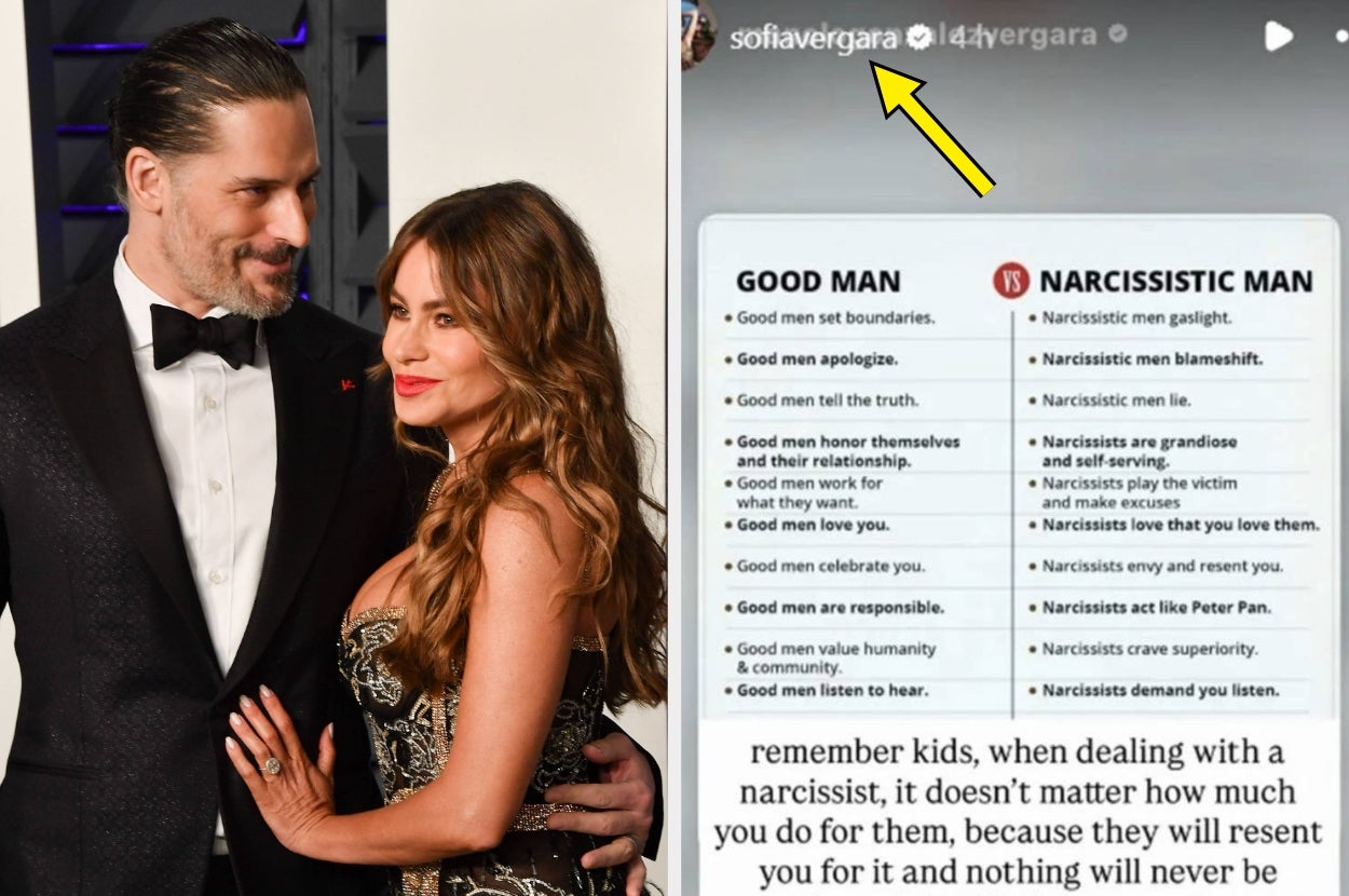 Sofía Vergara and Joe Manganiello, next to an Instagram repost from Sofía of text comparing traits of a "Good Man" vs. "Narcissistic Man"