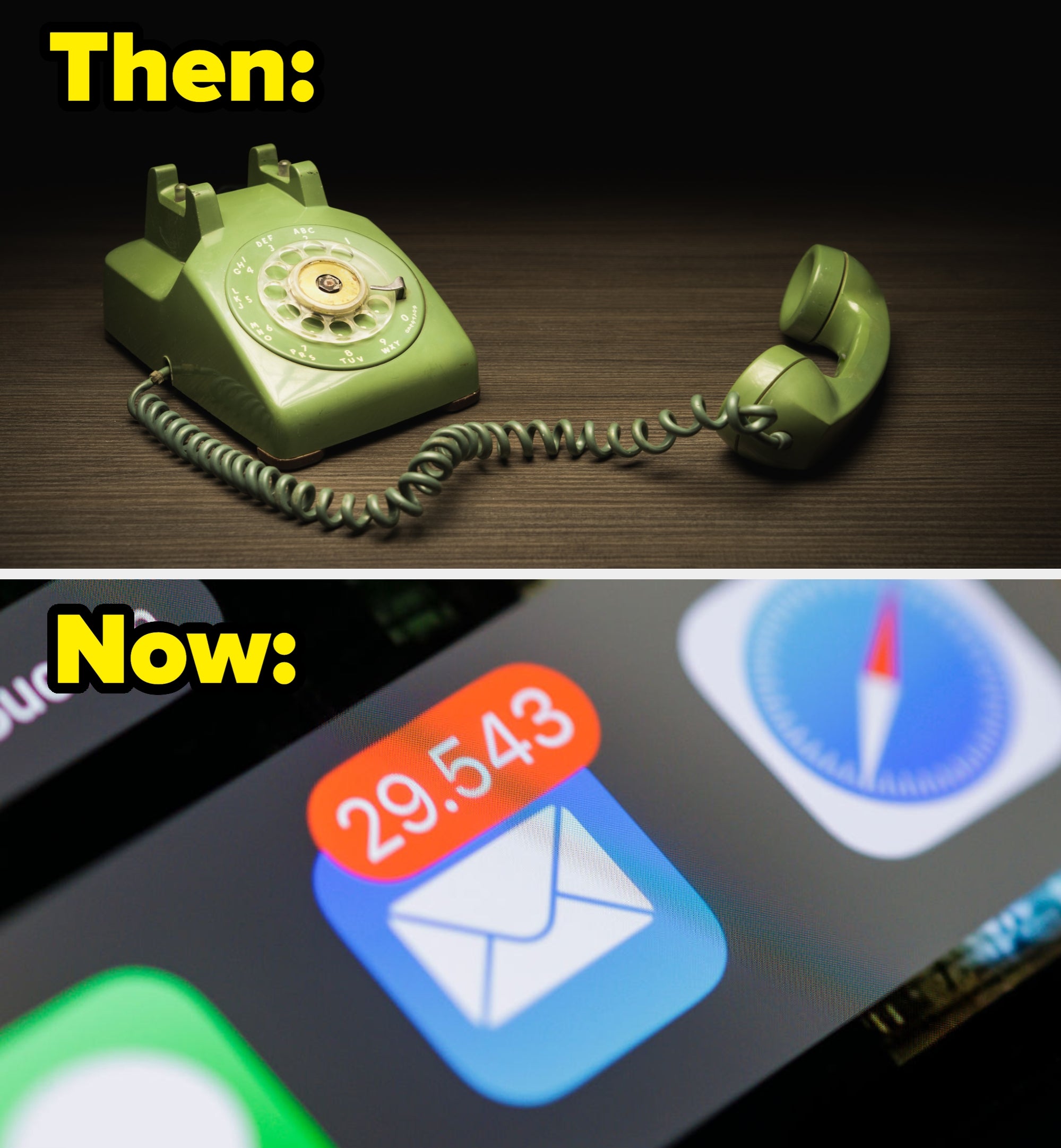 Rotary telephone with telephone disconnected the hook vs. smartphone with 29,543 unread emails