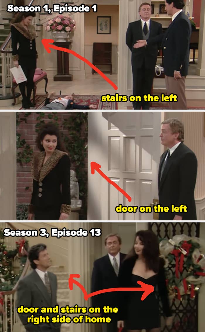 Three images from a sitcom showing 2  characters successful  akin  achromatic  outfits with fur collars. Text compares their positions comparative  to stairs and a door