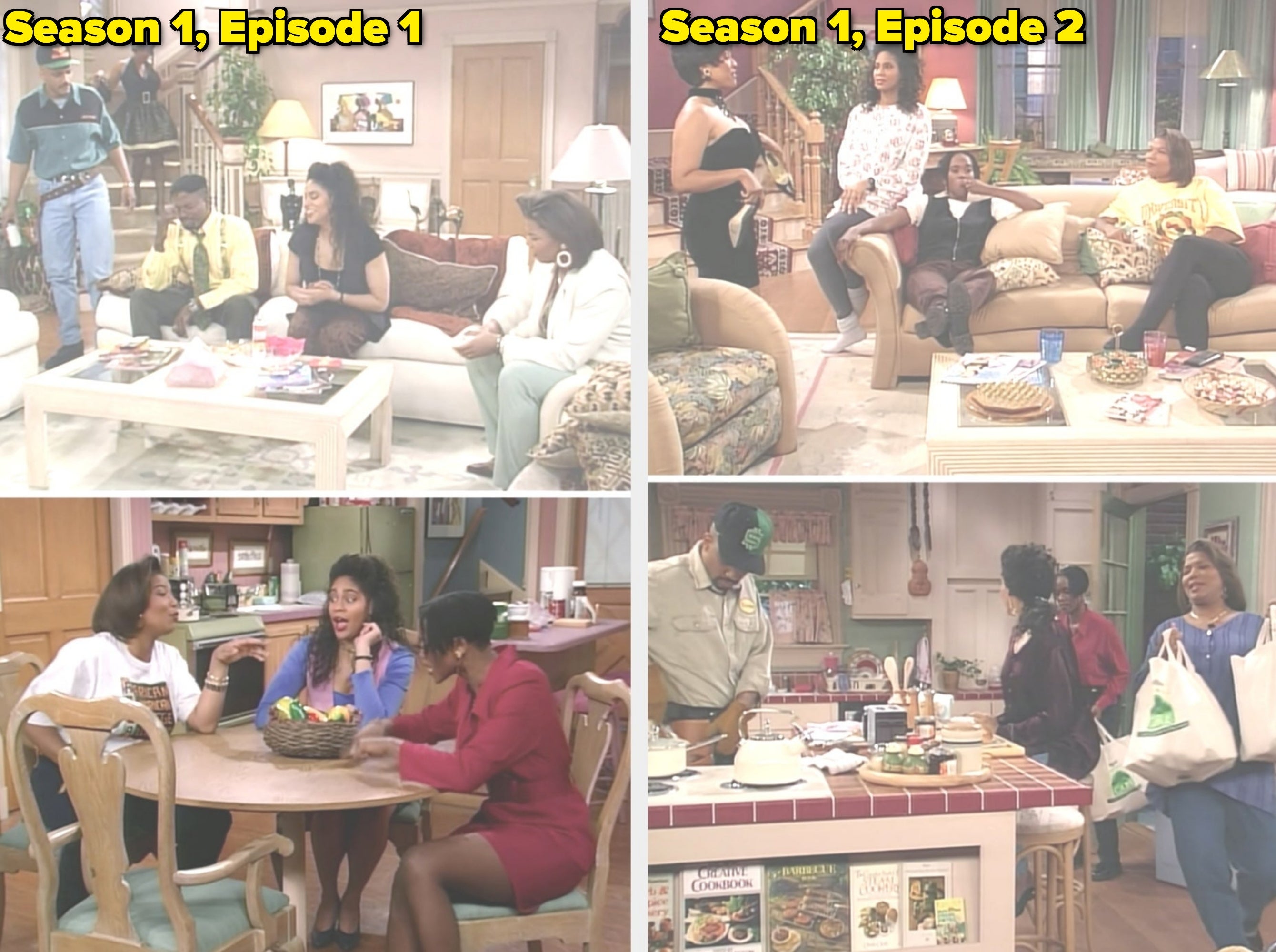 Four scenes from a 90s sitcom featuring a household  successful  a cozy surviving  country   and room  setting, engaging successful  conversations and mundane  activities