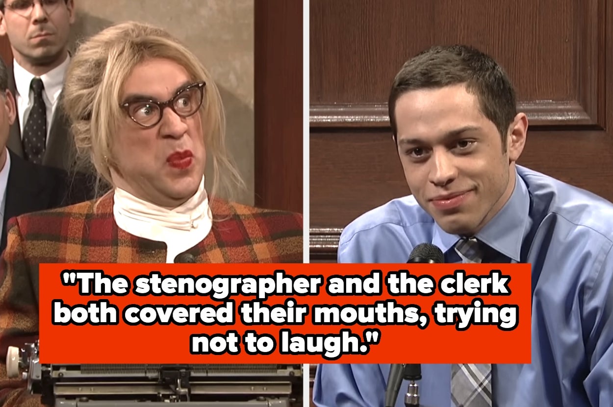 A courtroom scene with a stenographer and clerk trying not to laugh; text reads, “The stenographer and the clerk both covered their mouths, trying not to laugh.”
