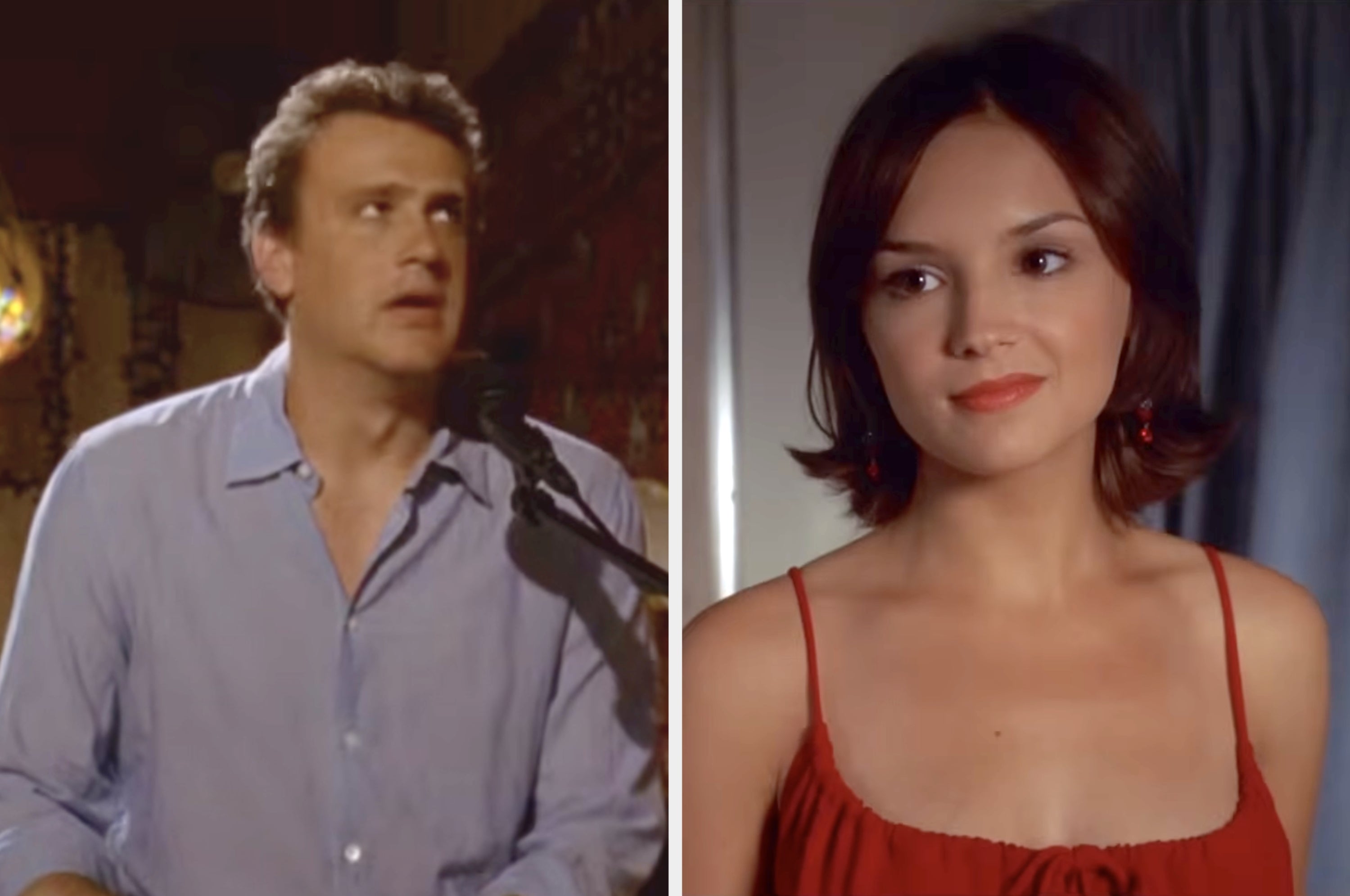 Left: Laney is wearing a red dress in a scene from "She's All That" with text overlay: "100% Hopeless Romantic." Right: Peter is performing on a keyboard in a scene from "Forgetting Sarah Marshall" with a text overlay: "< 25% Romantic Noob!"
