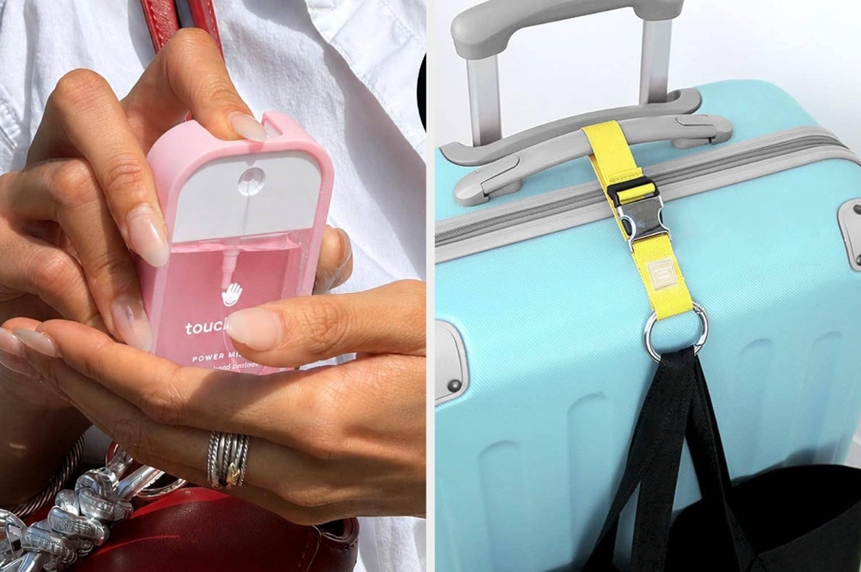 Person using a touchless sanitizer dispenser; luggage with attached yellow strap for bags