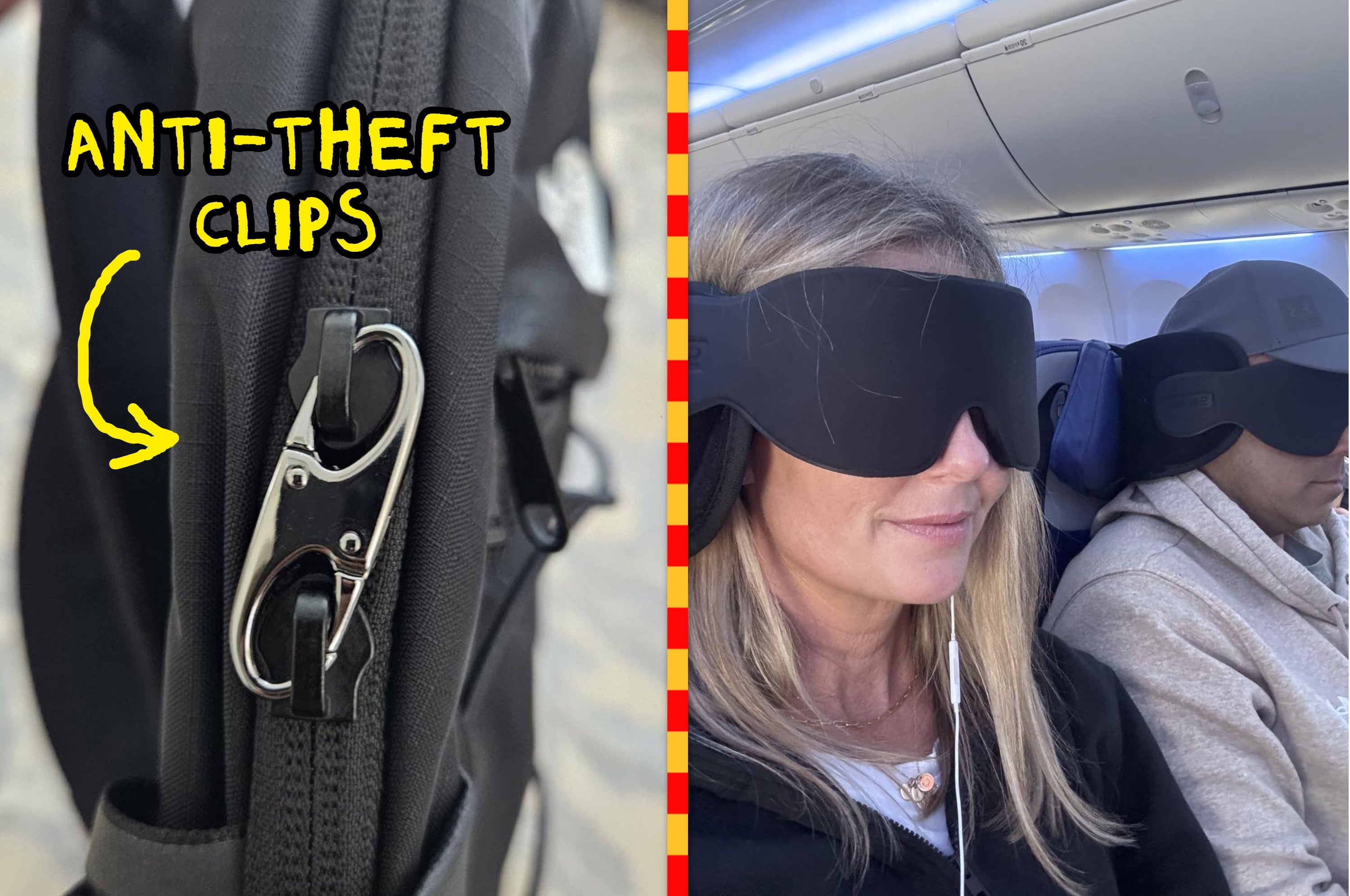 left: a clip holding together two zippers and labeled "anti-theft clips"; right: two reviewers sitting on a plane and wearing a hybrid neck pillow and eye mask