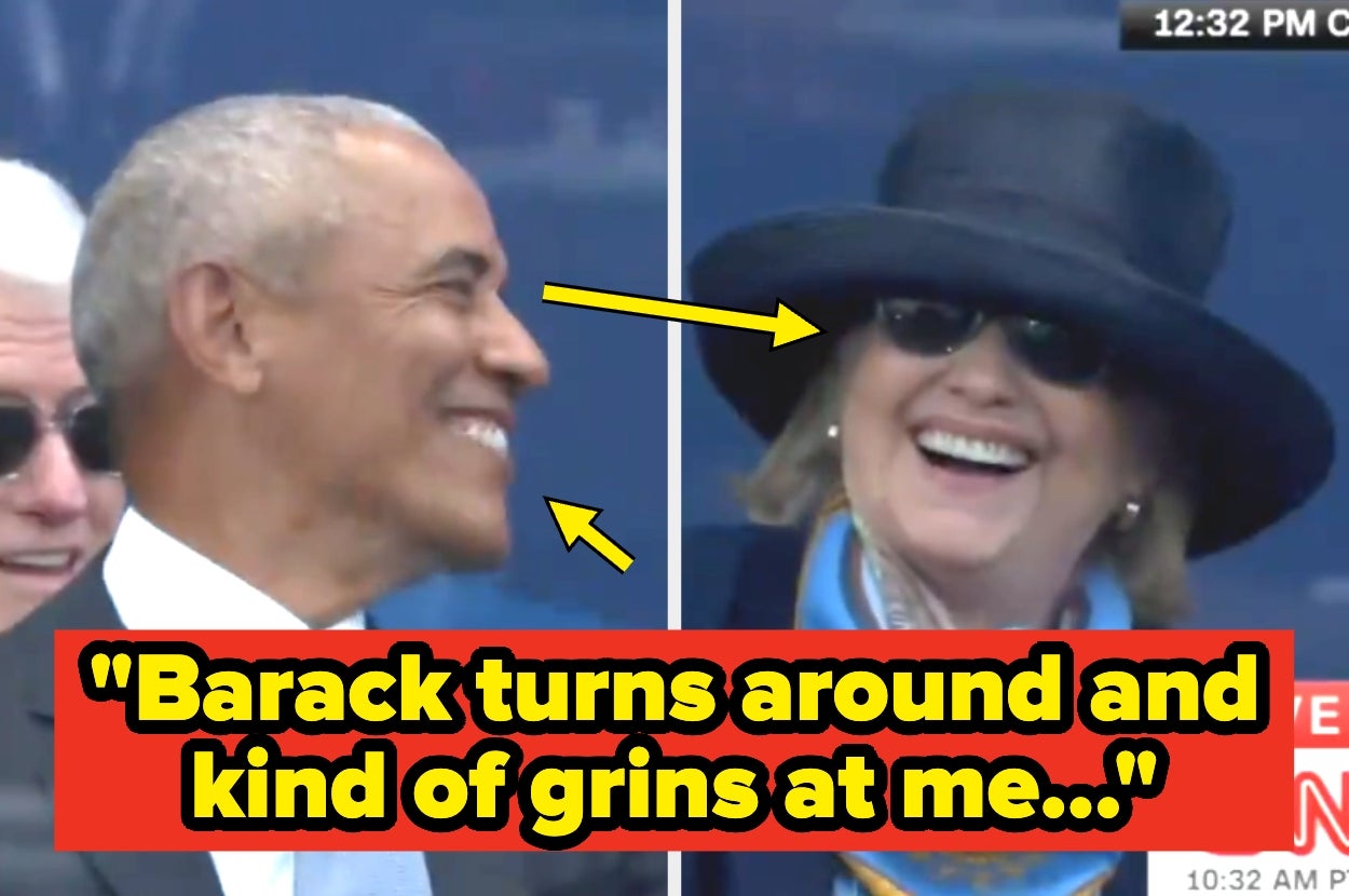 Two prominent figures smiling at each other with the caption: "Barack turns around and kind of grins at me..."