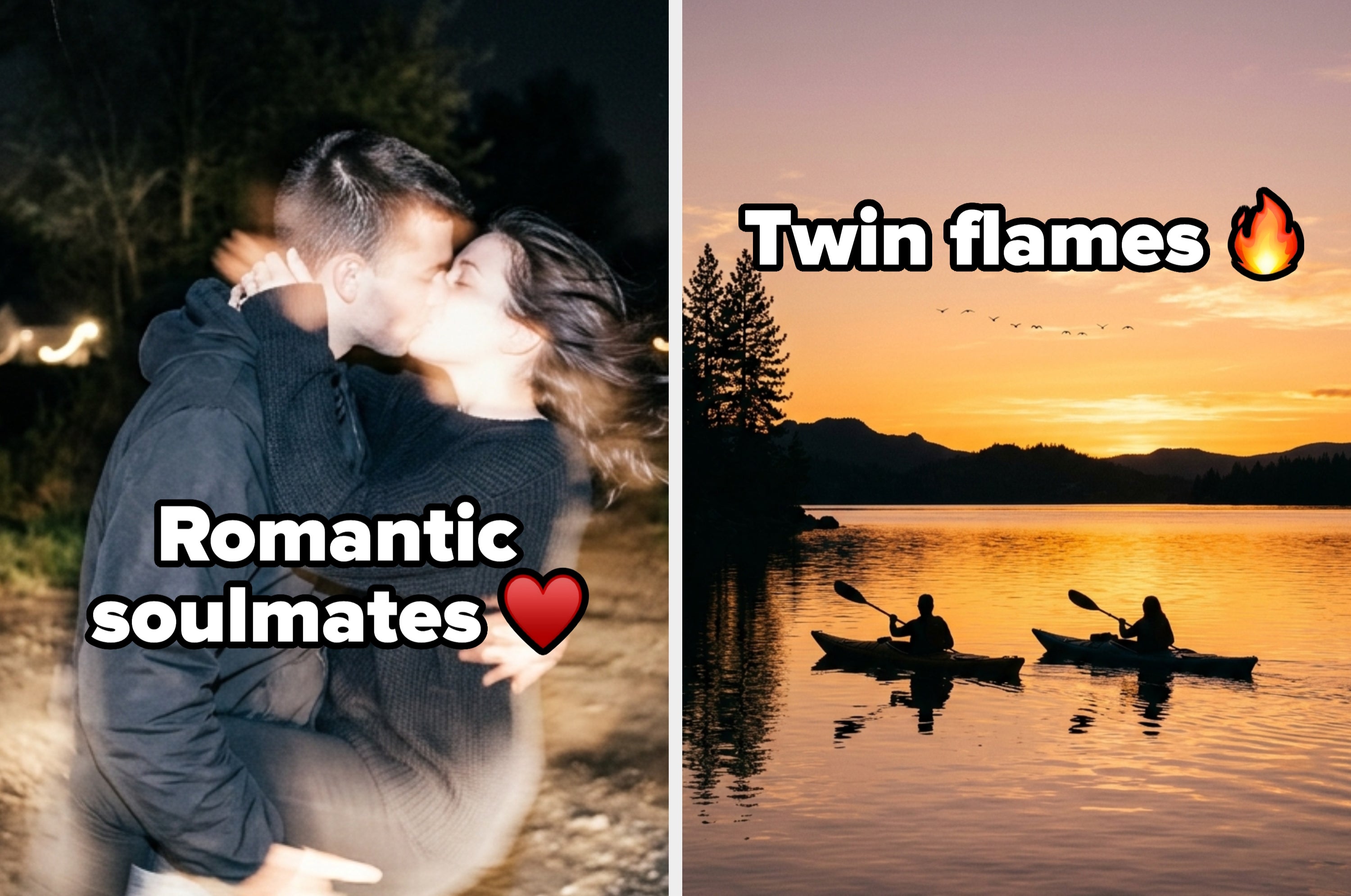 Couple kissing labeled "Romantic soulmates" with a heart, and kayaking together labeled "Twin flames" with a flame icon