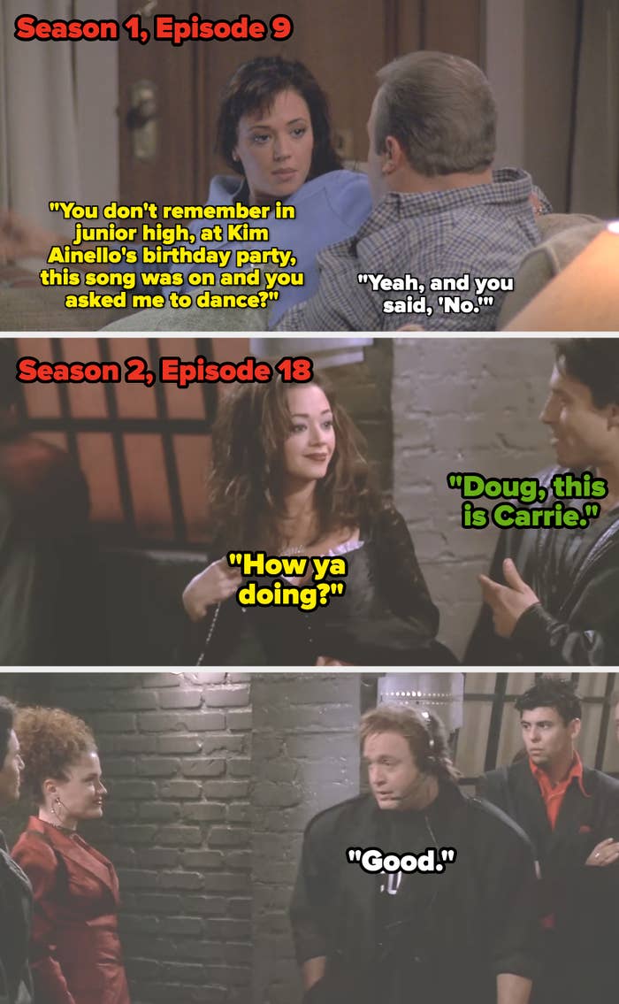 Three scenes from a TV sitcom showing characters having comedic exchanges astir  a past   day   enactment      and a quality  introduction