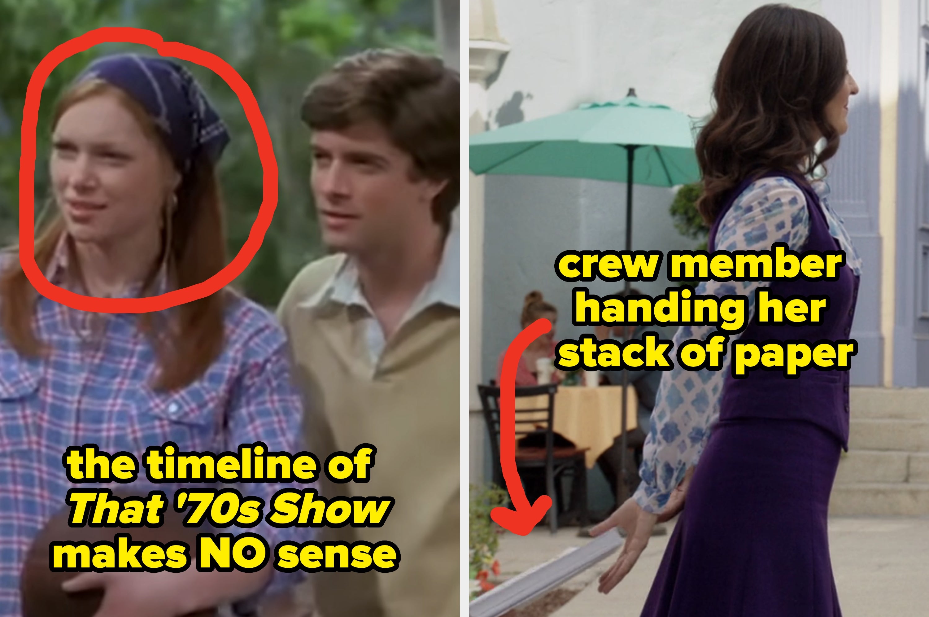 Two images: a woman from "That '70s Show" and a modern TV scene with a crew member visible, highlighting production errors