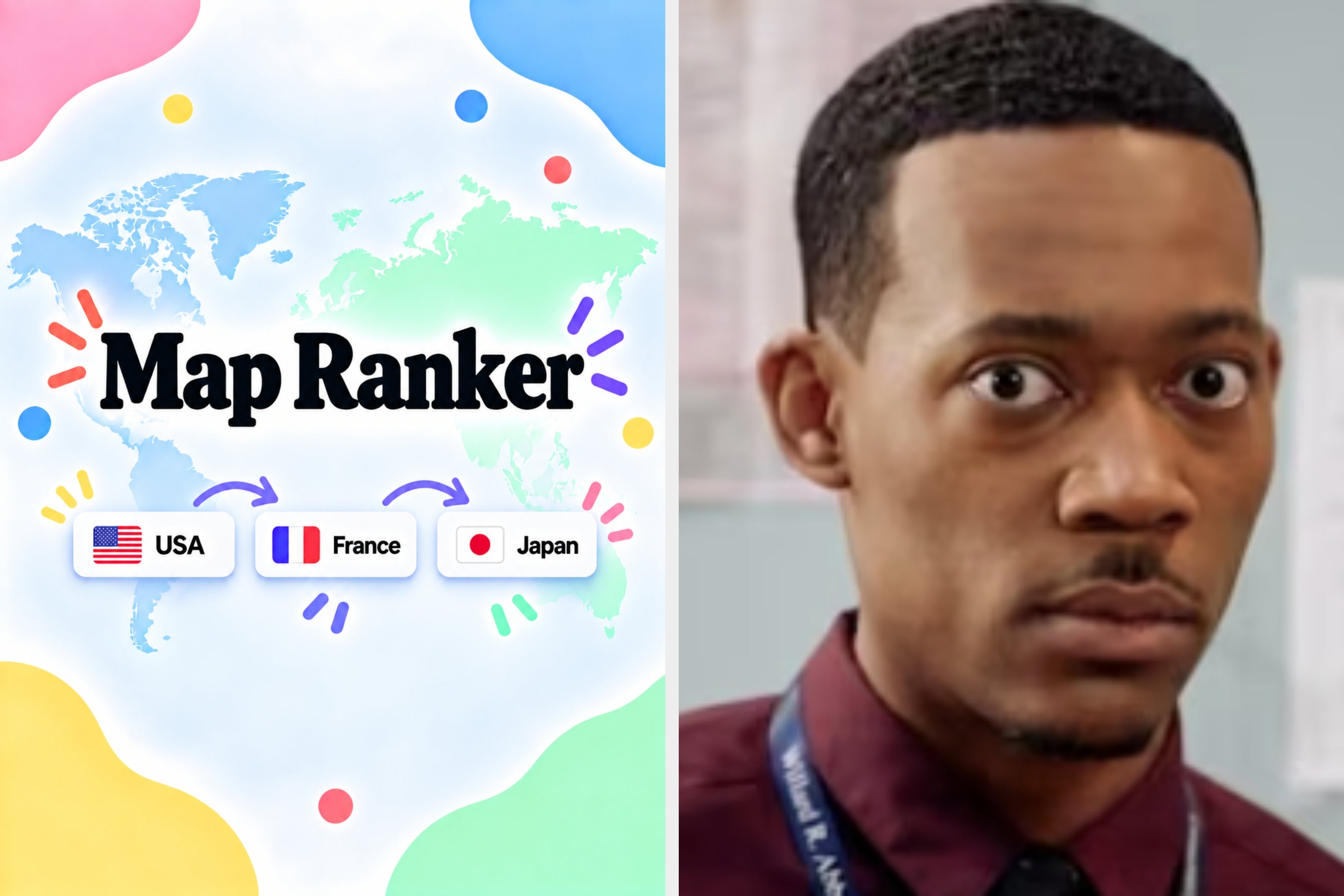 Split image: Left shows a map-themed "Map Ranker" game logo with country flags; right shows a startled person