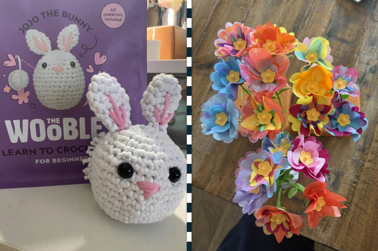 Crochet kit with a white bunny, "The Wooble," and colorful felt flower bouquet; beginner-friendly crafting supplies shown