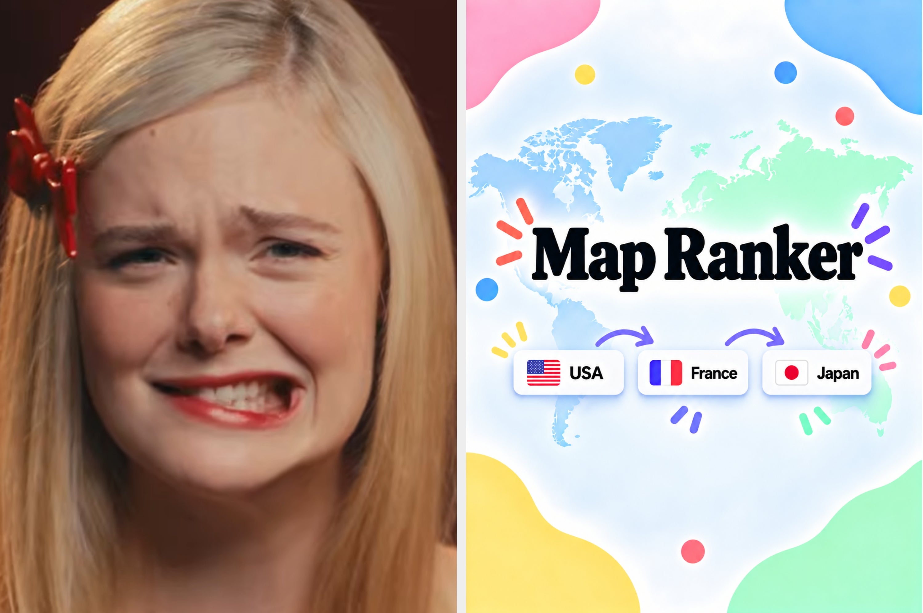 Split image: Left side shows a world map with USA, France, Japan; right side features a surprised person wearing glasses