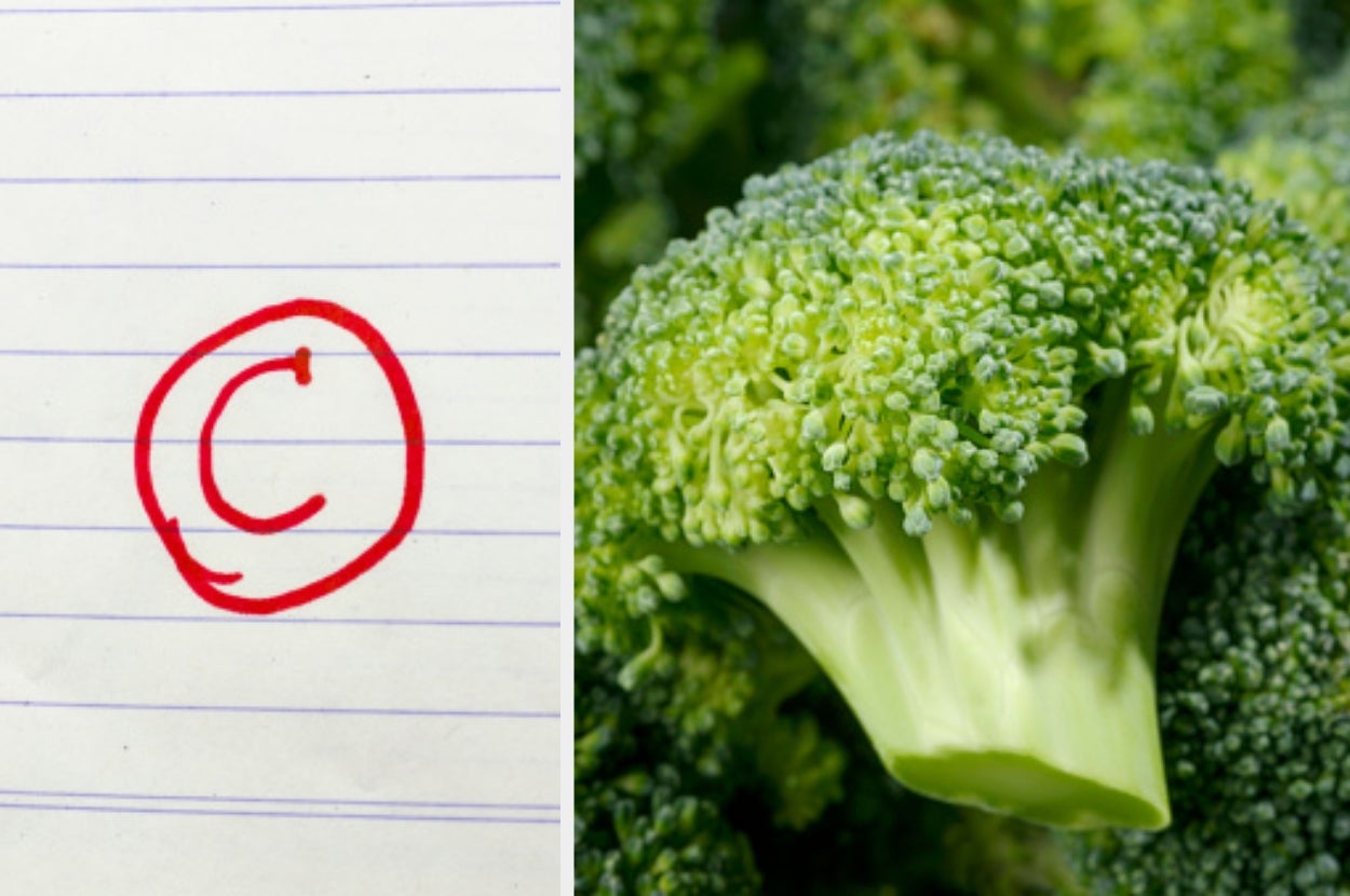 Red circle with "C" on paper next to a broccoli close-up