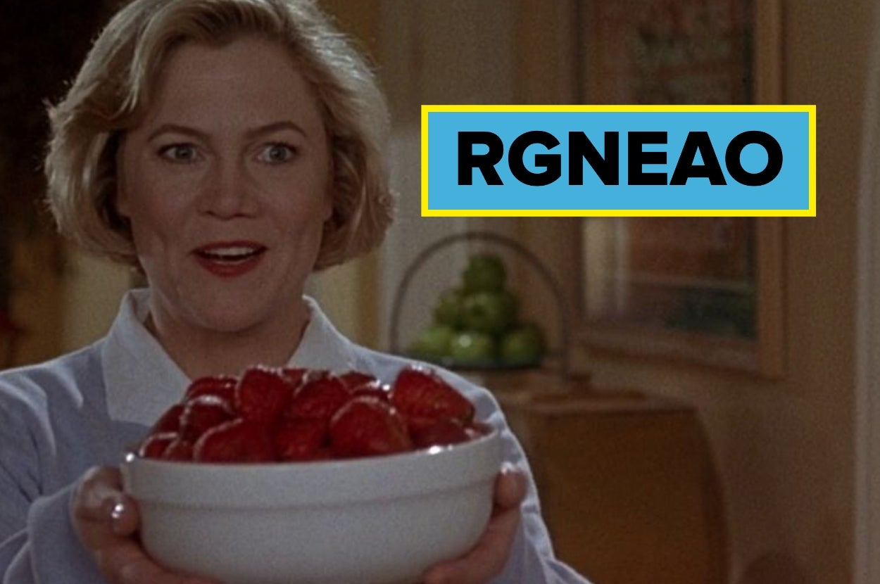 Person holds a bowl of strawberries, smiling. Large text "RGNEAO" displayed beside them