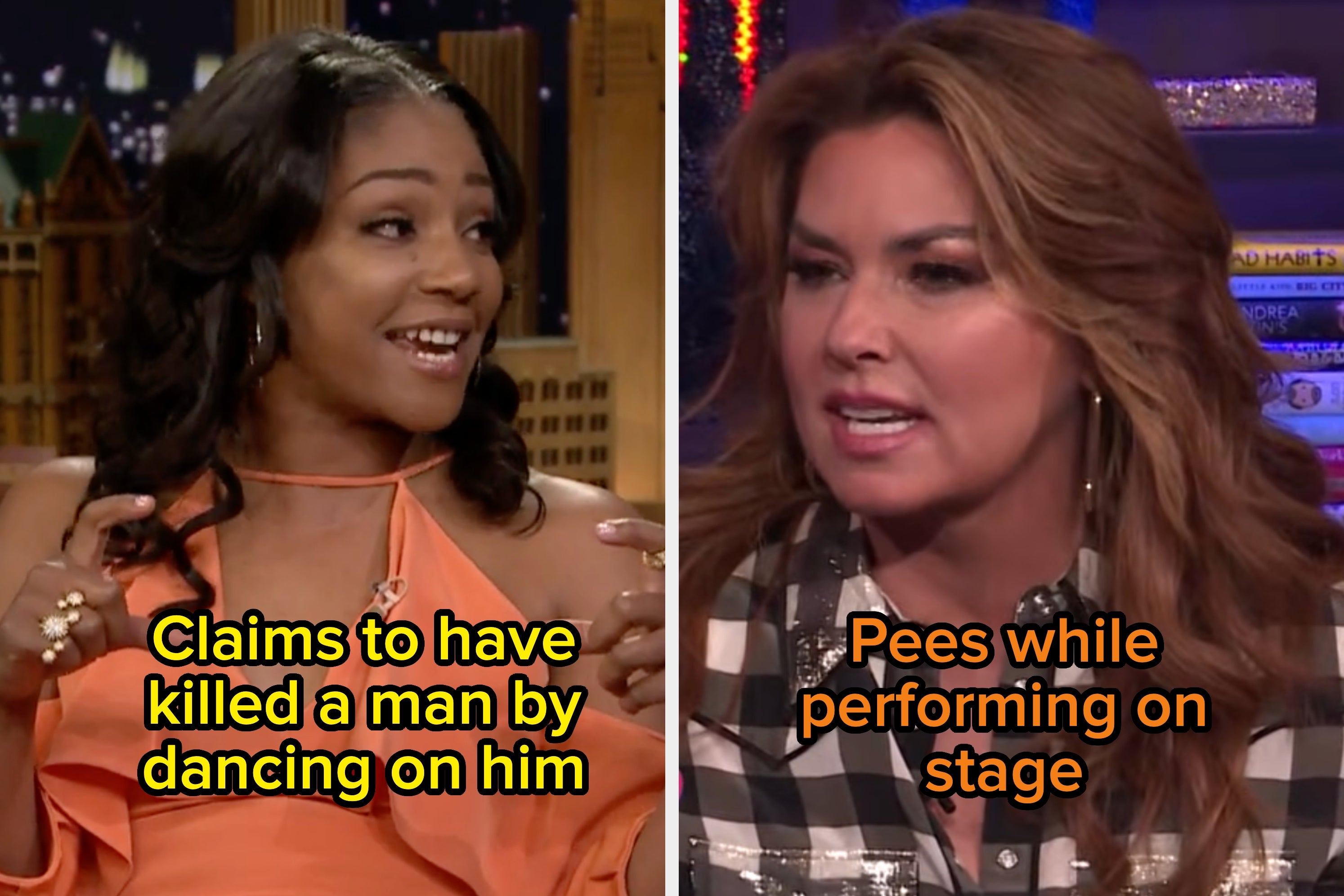 Two images: Left, a woman in a black dress with text "Has peed on herself multiple times on stage." Right, a woman in a strapless black dress with text "Admitted to being a stoner."