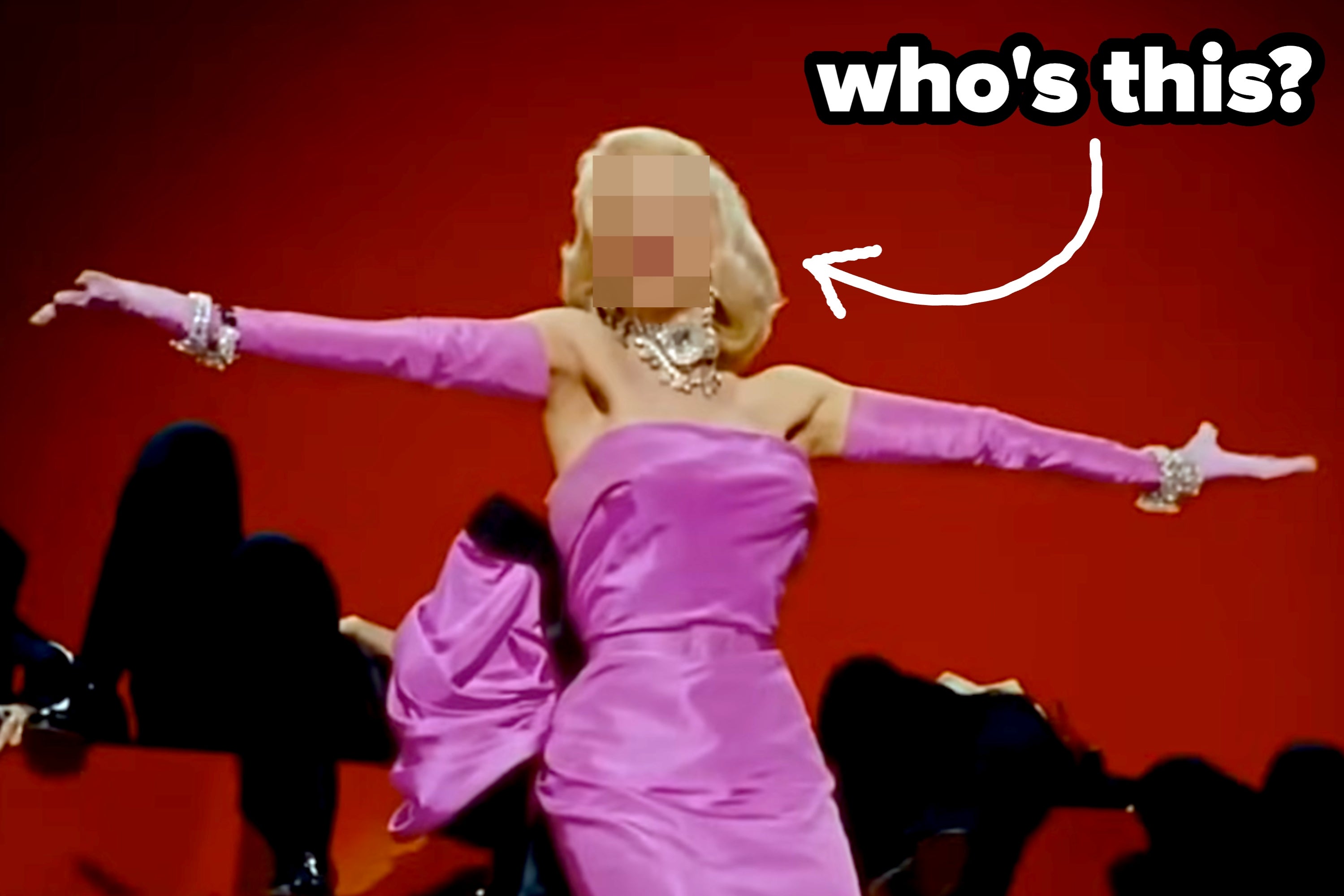 Person in glamorous strapless gown with extended arms, captioned "who's this?" in a playful design style