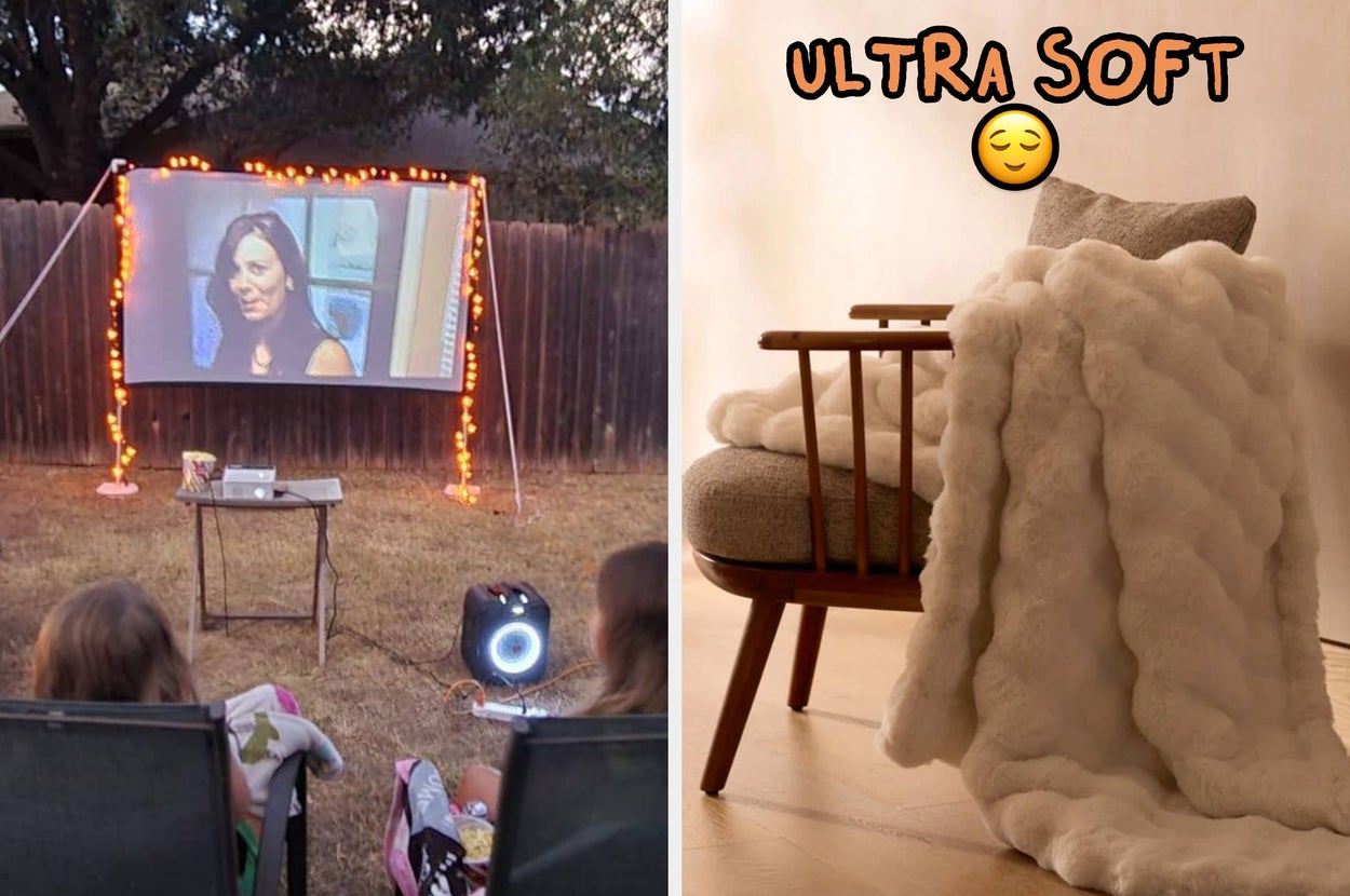 Backyard movie night setup with a screen and chairs; cozy ultra-soft blanket on a chair with "ULTRA SOFT" text overlay