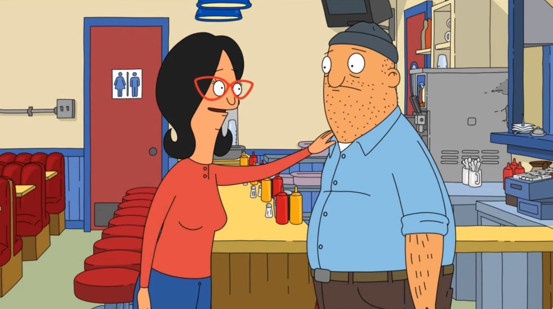 Animated characters talking in a diner, with red booth seating and a kitchen in the background