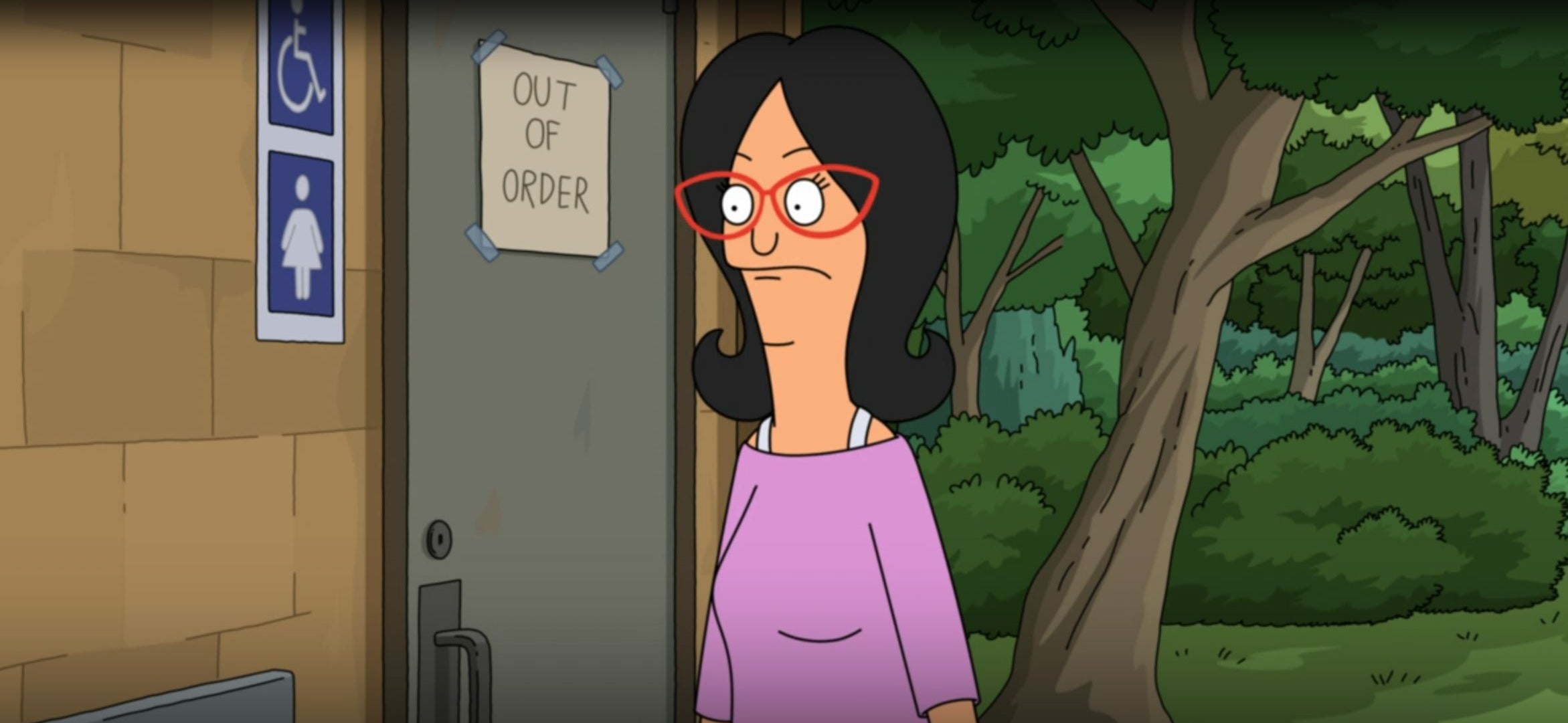 Animated woman with red glasses stands near an "Out of Order" restroom sign outdoors