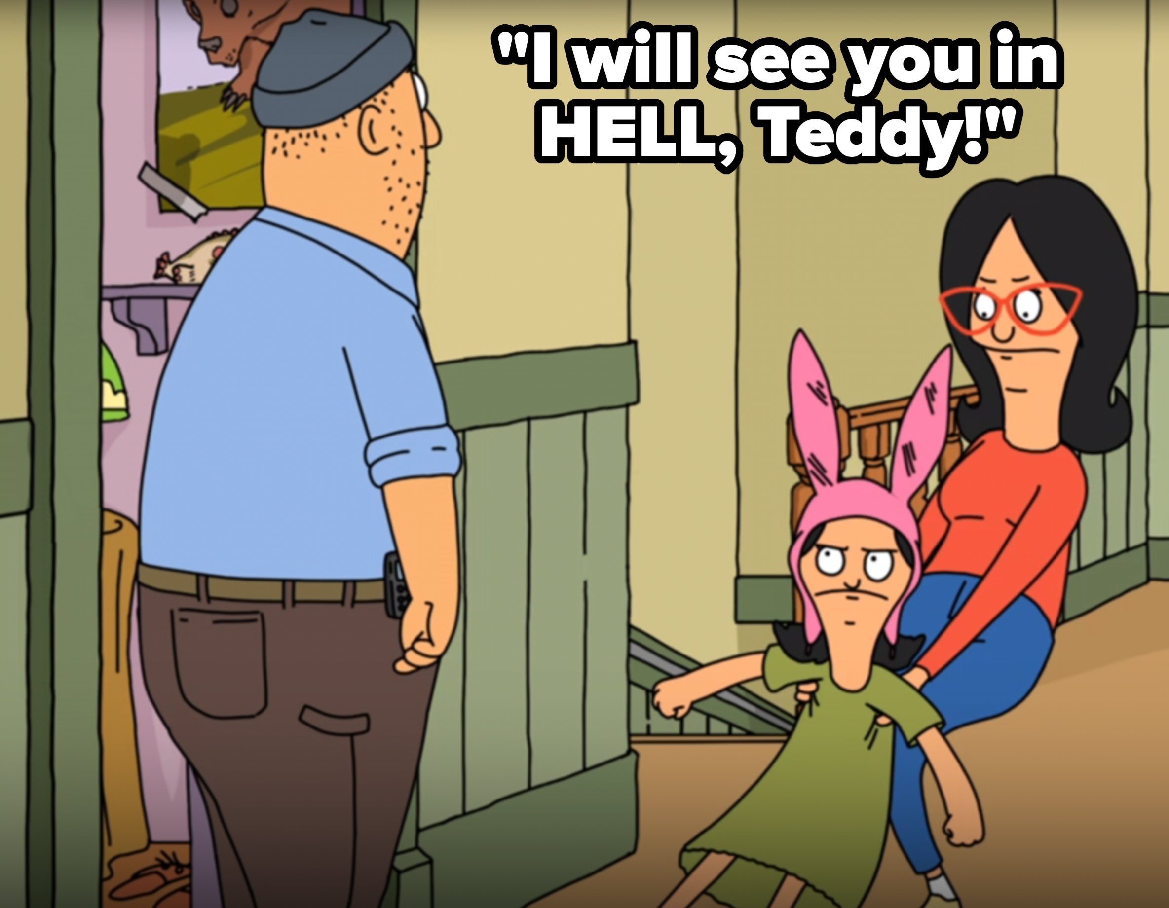 Animated scene: A girl with pink bunny ears looks annoyed as a woman pulls her. A man stands in a doorway, looking at them