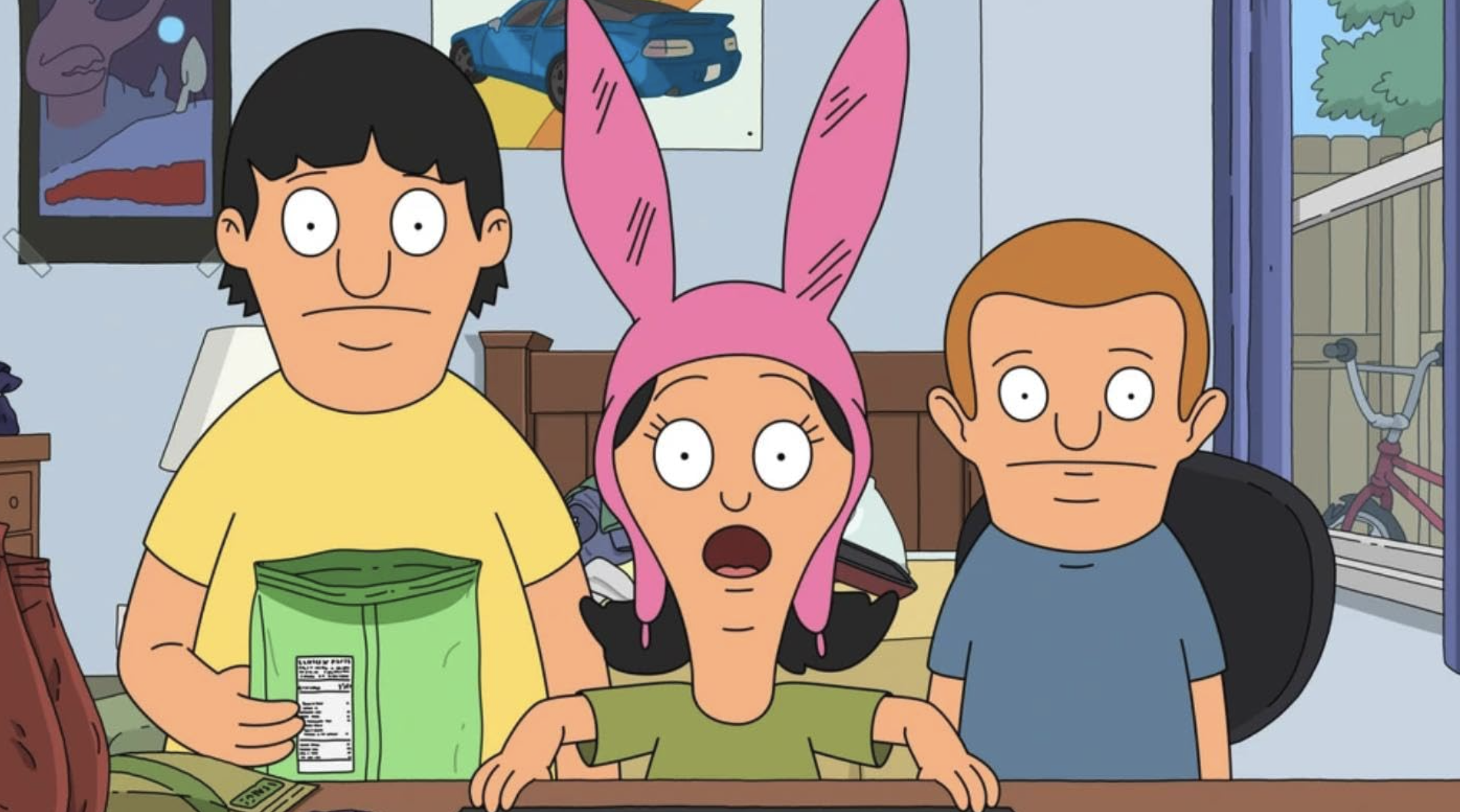 Three animated characters in a room: a surprised girl in pink bunny ears, flanked by two boys; one holds a snack pack