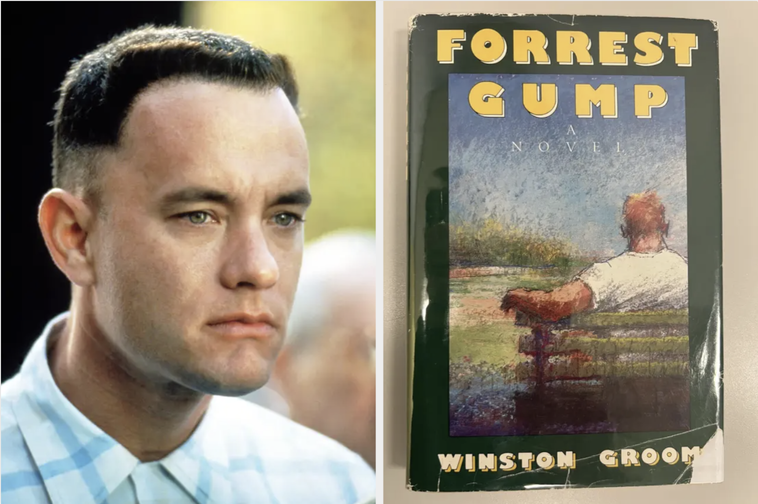 Actor in neatly styled clothing beside "Forrest Gump" novel with seated man on cover