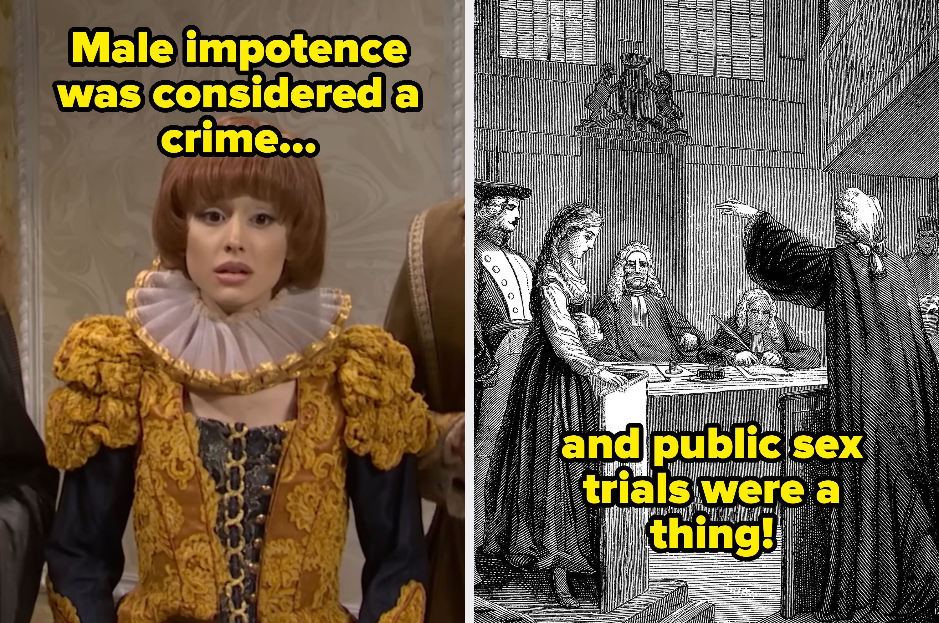 Side-by-side images. Left image: Ariana Grande portrays a castrato singer in an "SNL" skit. Right image: A black-and-white sketch portrays a public court hearing. The text reveals male impotence laws from the Renaissance period