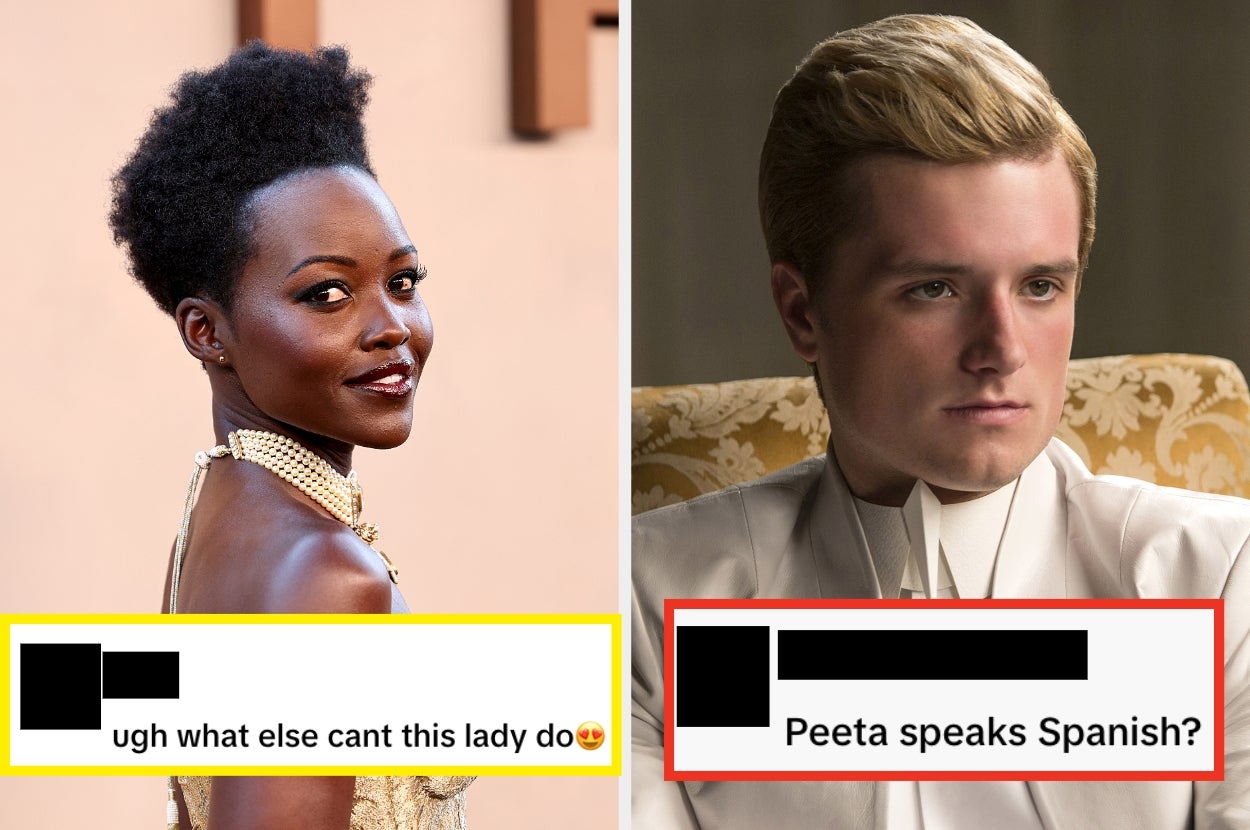Two images: On the left, a woman in a stylish outfit smiles. On the right, a person looks serious, captioned “Peeta speaks Spanish?”