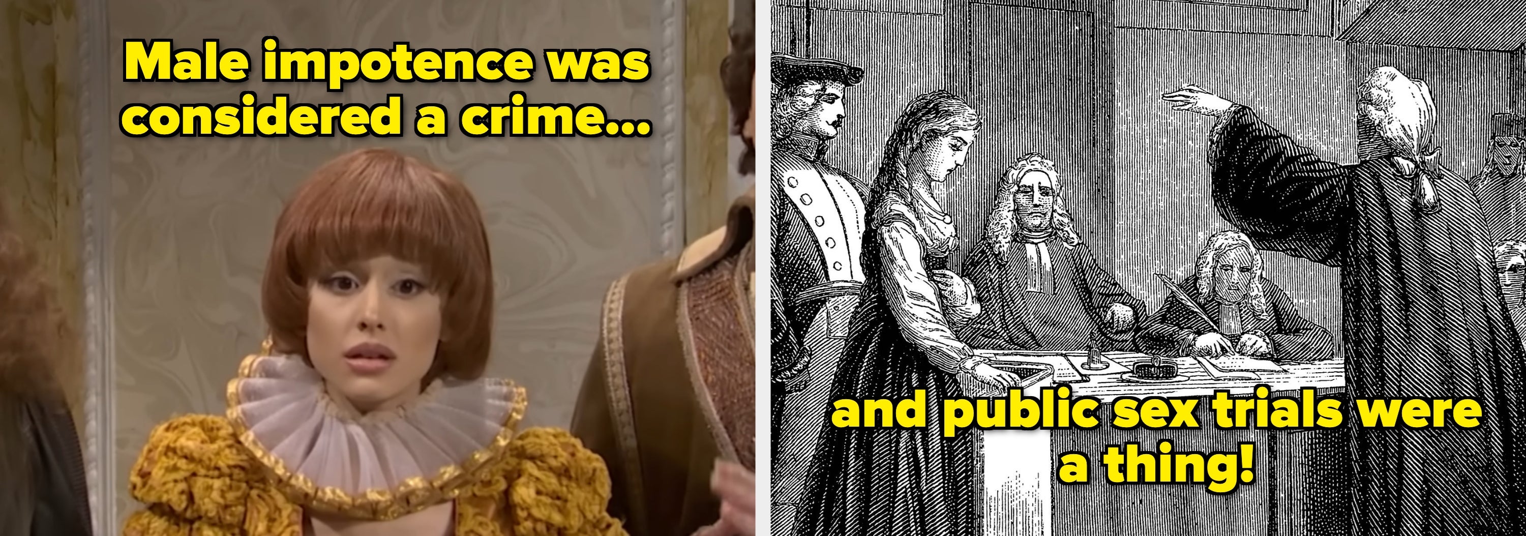 Side-by-side images. Left image: Ariana Grande portrays a castrato singer in an "SNL" skit. Right image: A black-and-white sketch portrays a public court hearing. The text reveals male impotence laws from the Renaissance period