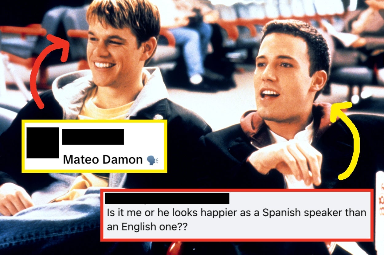 Two men sitting and smiling, text overlay jokes about a name being "Mateo Damon" and mentions happiness speaking Spanish vs. English