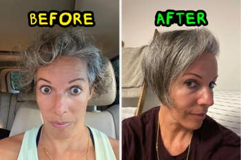 Before and aft photos of a woman's hairstyle translation from frizzy to sleek
