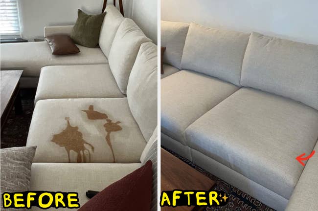 Before and aft of a reviewer's brown-stained sofa present cleanable aft utilizing Folex