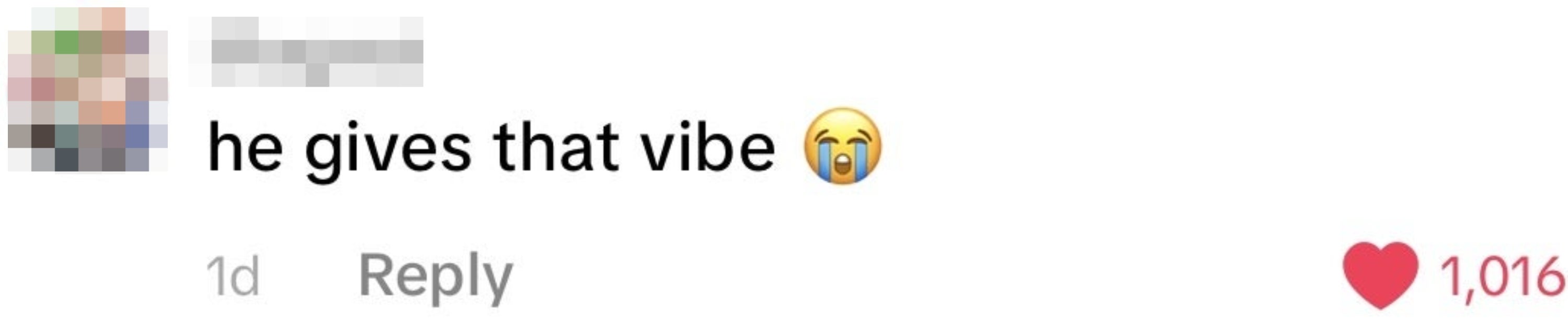 Comment with a crying emoji stating, "he gives that vibe." Reaction count is 1,016 likes