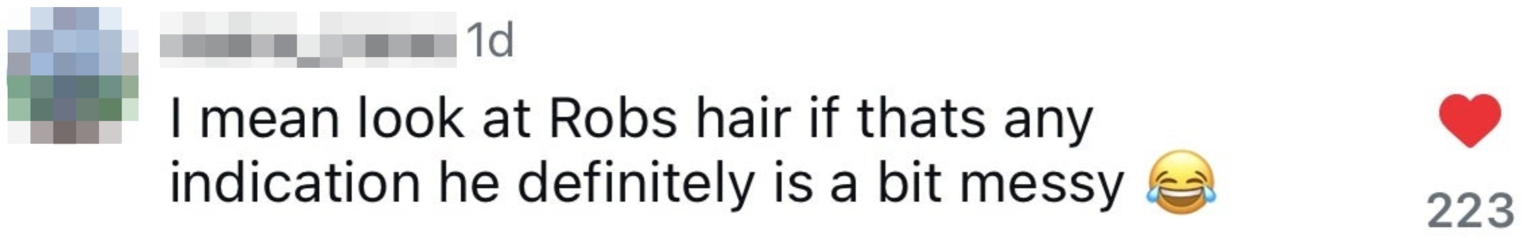Comment joking about Rob's messy hair with a laughing emoji and 223 likes