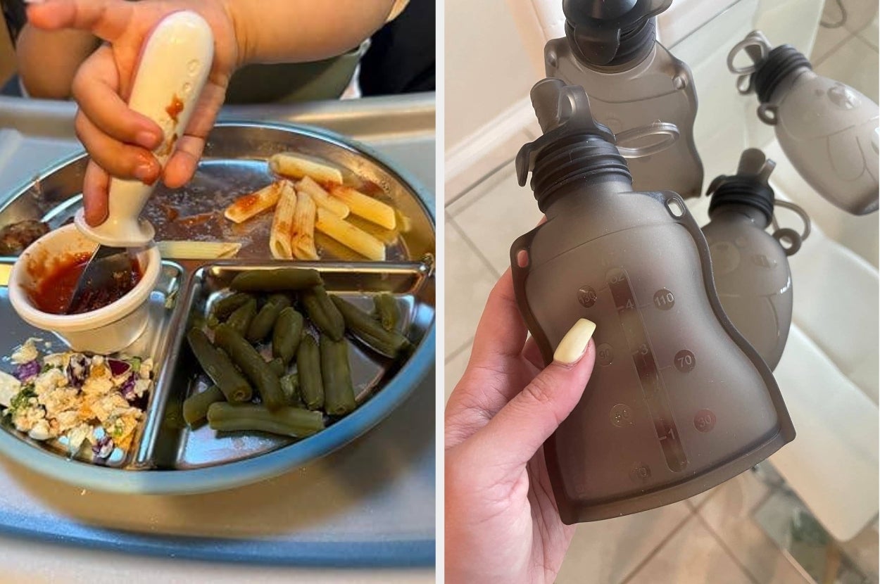 Left: A child's hand dips a spoon into sauce on a sectional plate with fries, beans, and salad. Right: A hand holds a brown bottle with others nearby