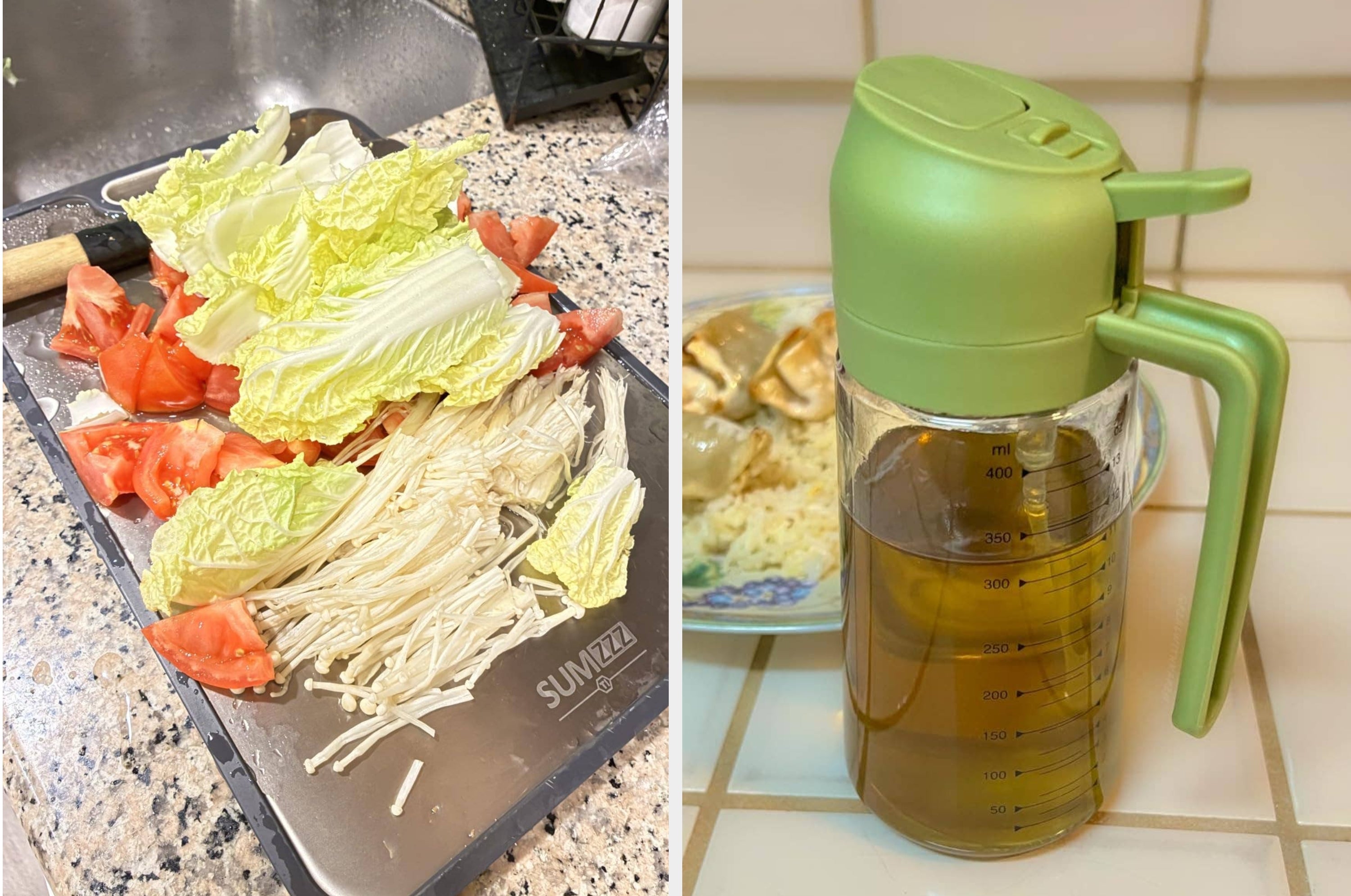 Kitchen tools in use: ground meat being cooked with a meat chopper, red tongs and wooden spoons on a counter, potatoes peeled with a peeler