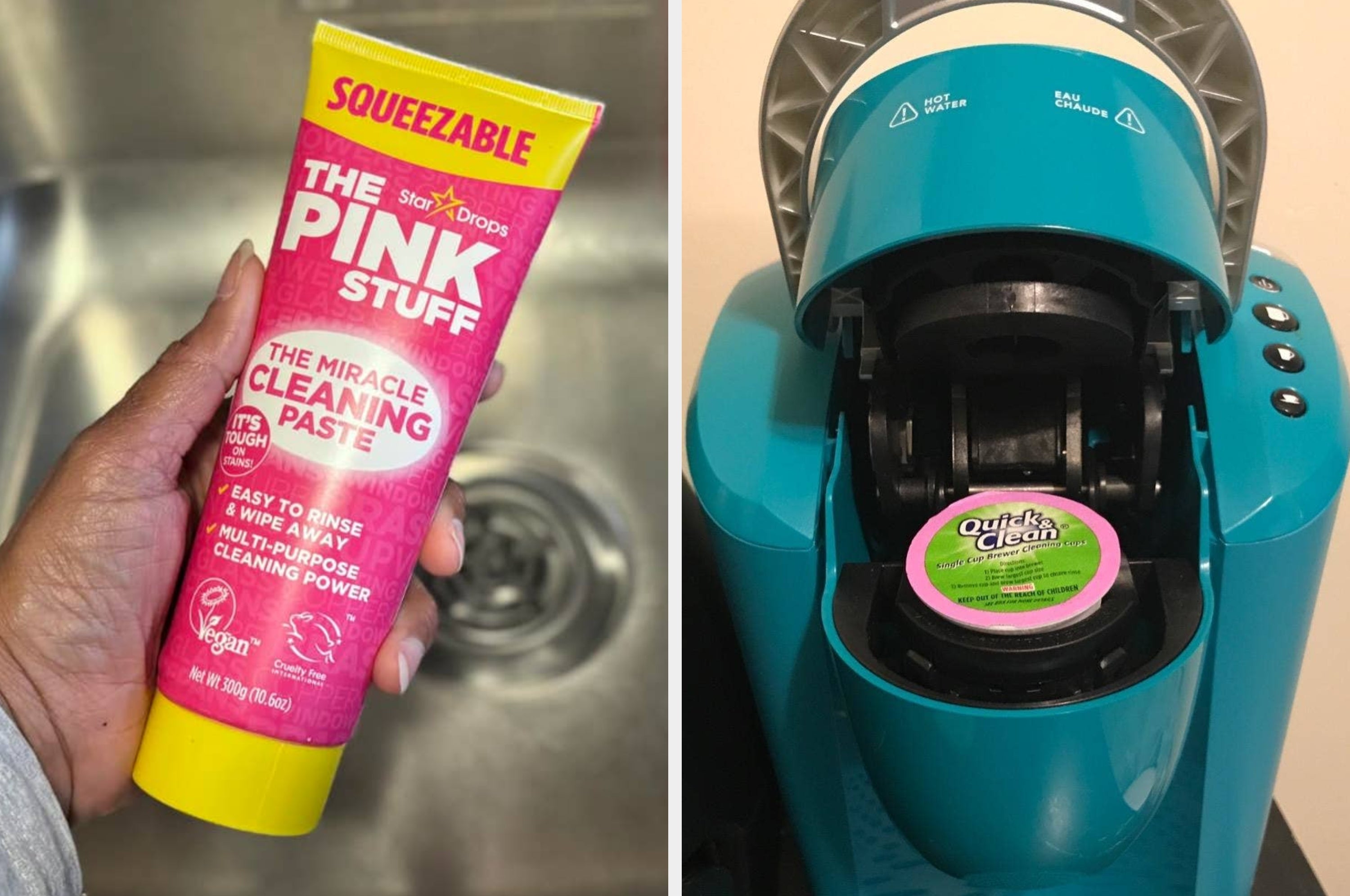 Left: A hand holding a bottle of Method all-purpose cleaner. Right: A fridge shelf with drinks, snacks, broccoli, and lettuce
