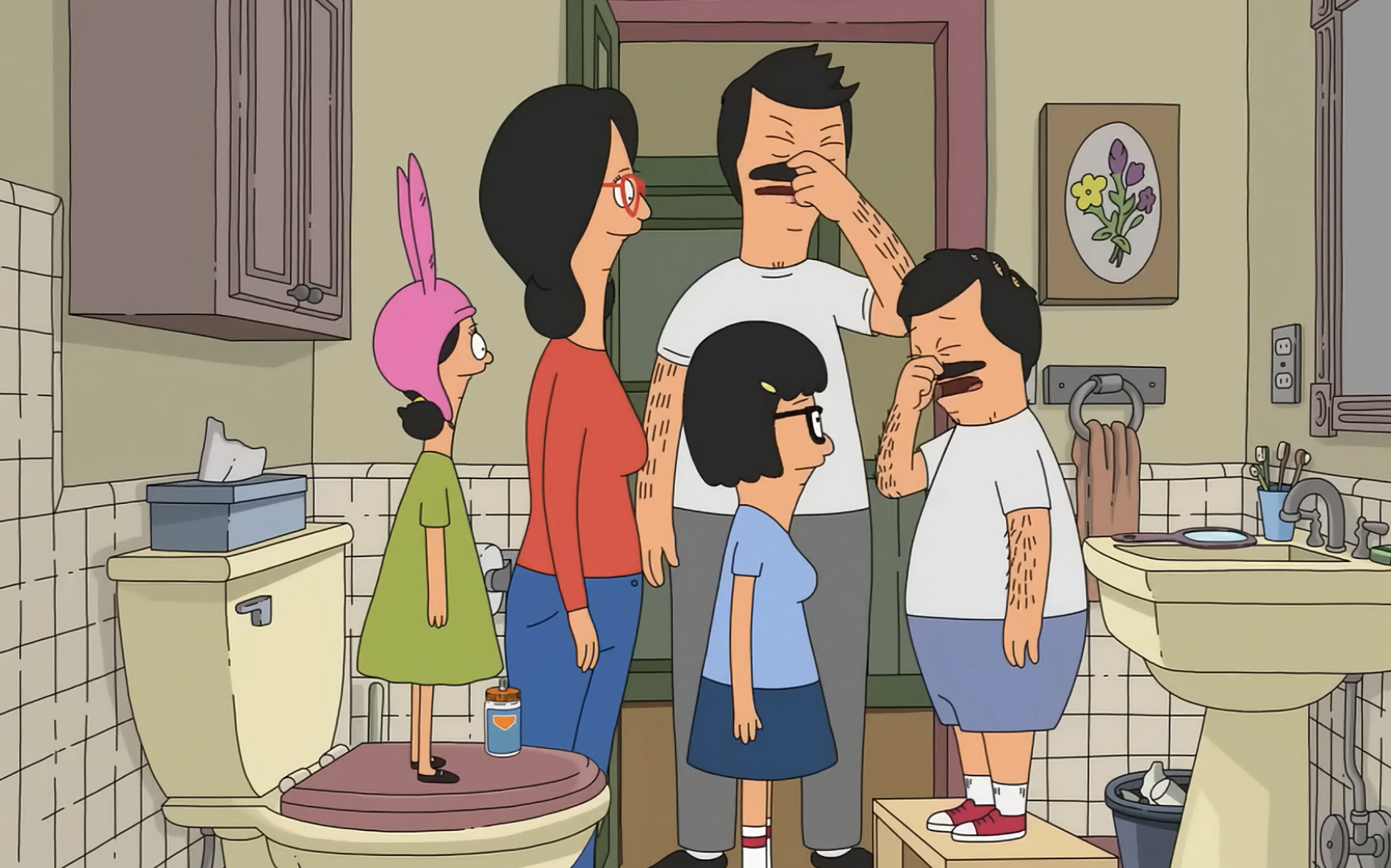 Animated family stands in a bathroom, each holding their nose, suggesting something unpleasant. They're from a popular TV show