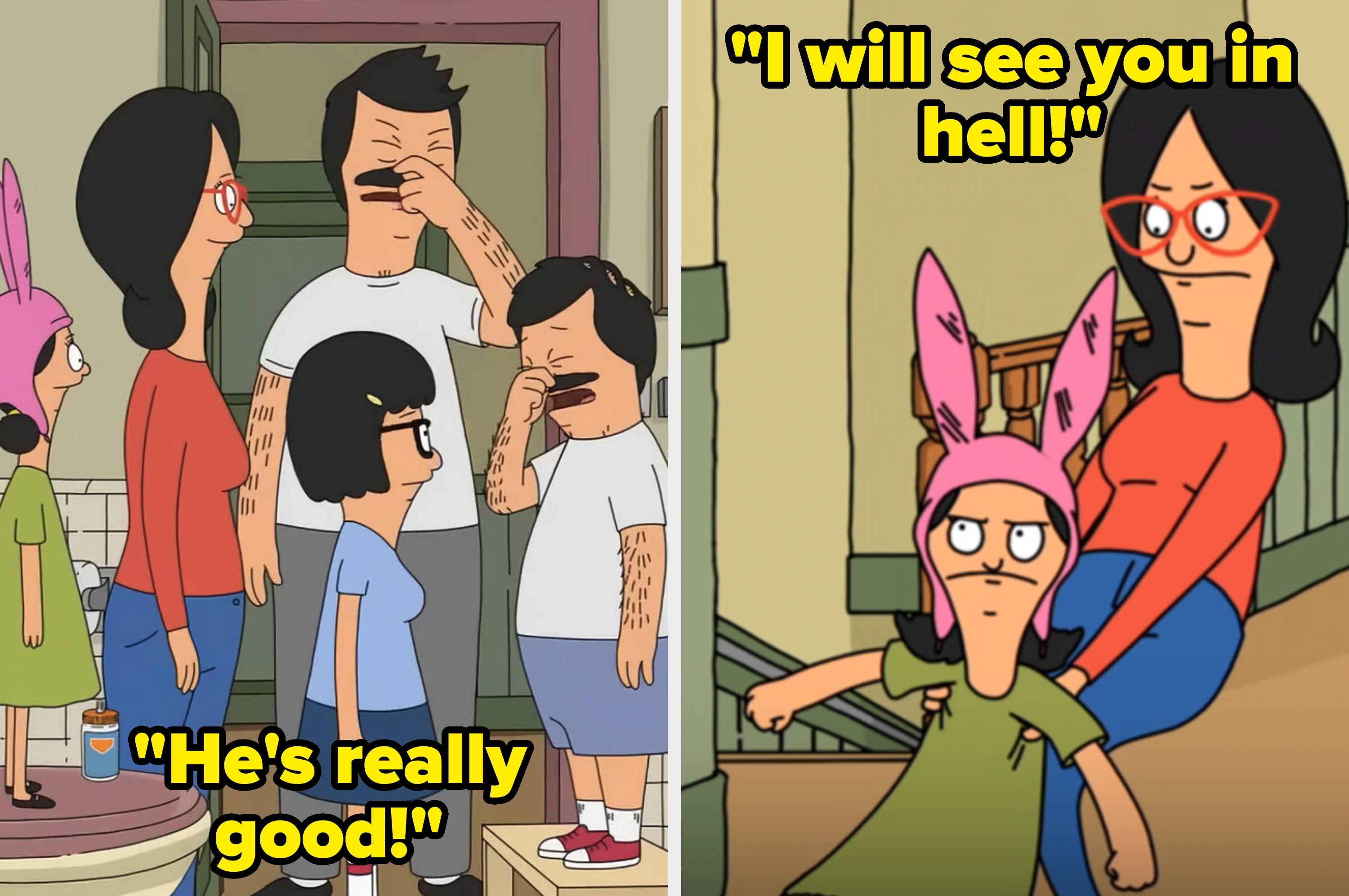 Split image of animated characters from a TV show; left: family scene, right: seated adult saying, "I will see you in hell!"