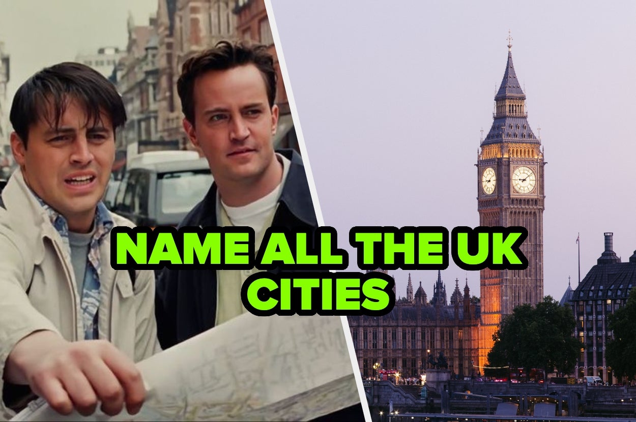 Two men hold a map, with "Name All the UK Cities" text overlaid. Big Ben is in the background