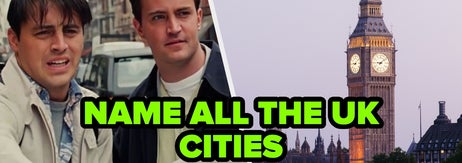 Two men hold a map, with "Name All the UK Cities" text overlaid. Big Ben is in the background