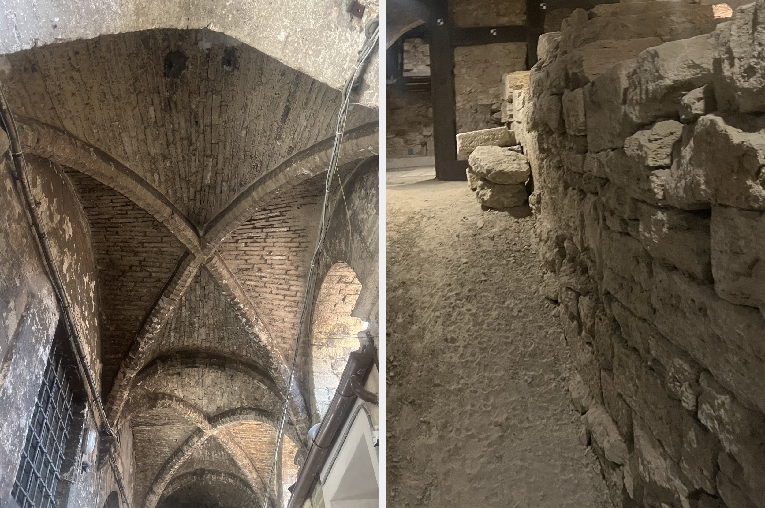 Historic brick vaulted ceilings and stone walls, showcasing ancient architecture