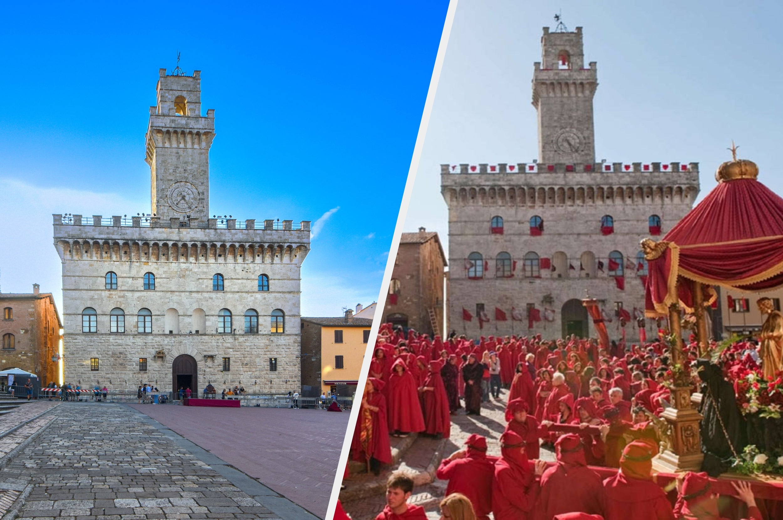  one with an empty plaza, and the other during a festive event with people wearing red robes
