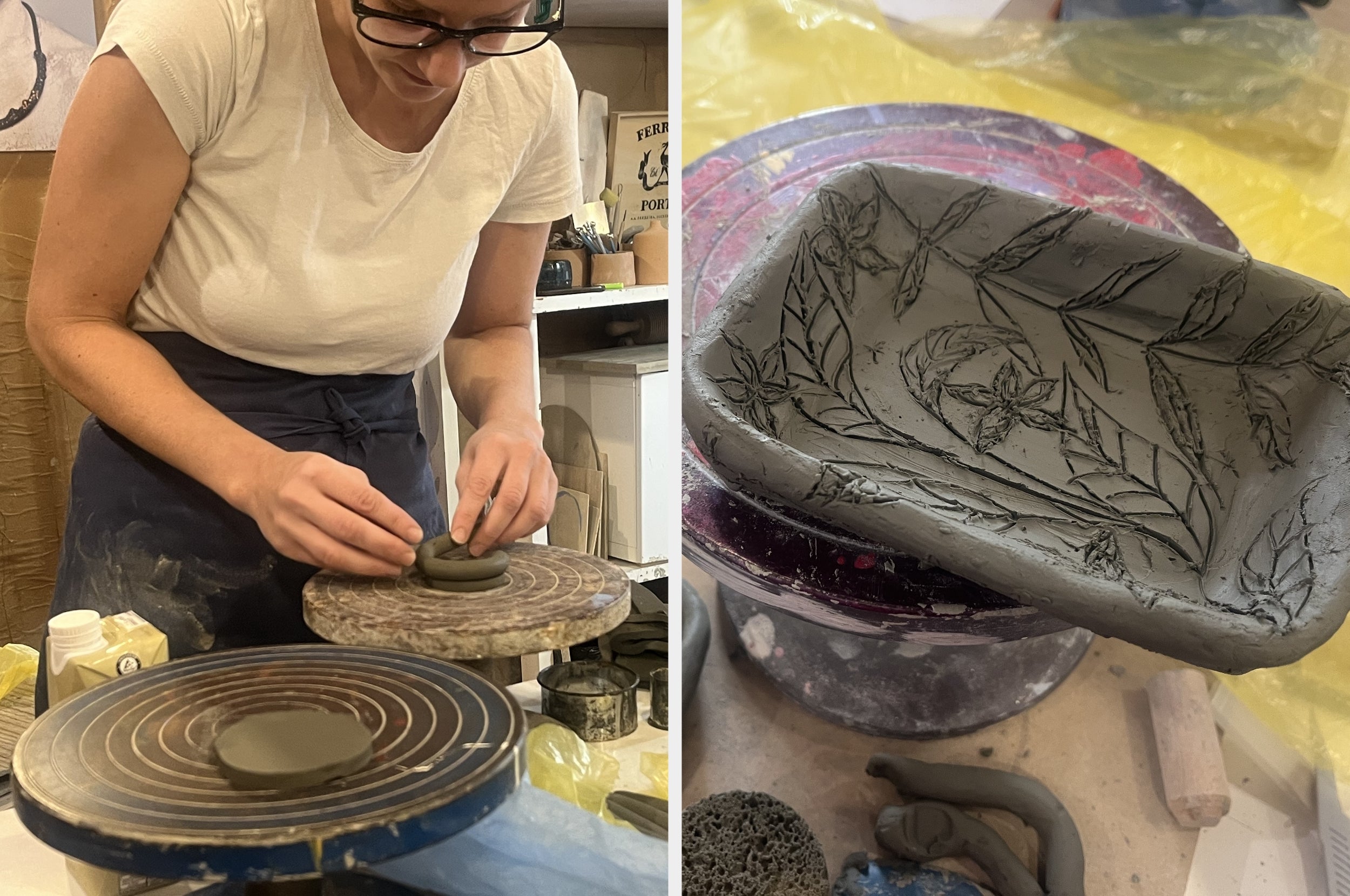 Person shaping clay on pottery wheel; detailed leaf pattern on finished bowl