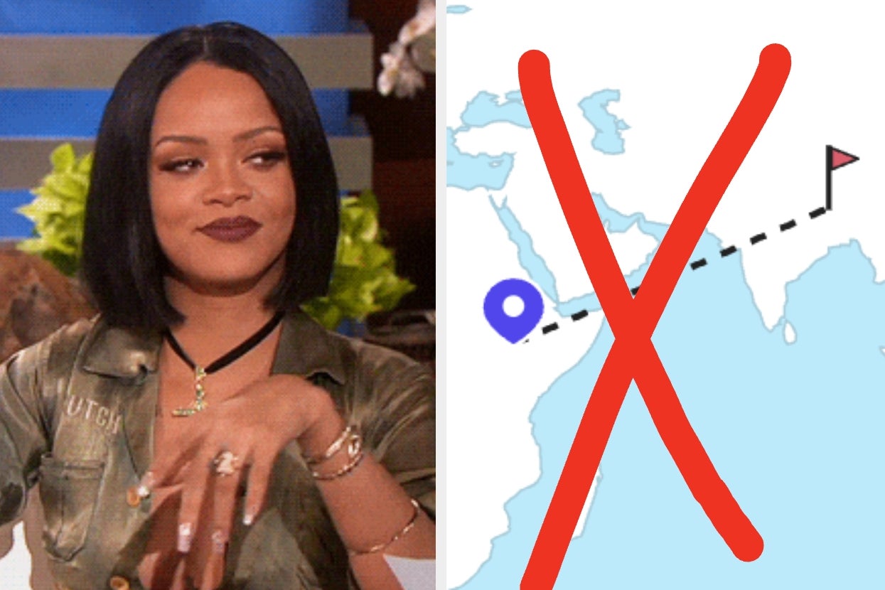 A woman with short dark hair gestures confidently; beside her, a map is crossed out with a red X