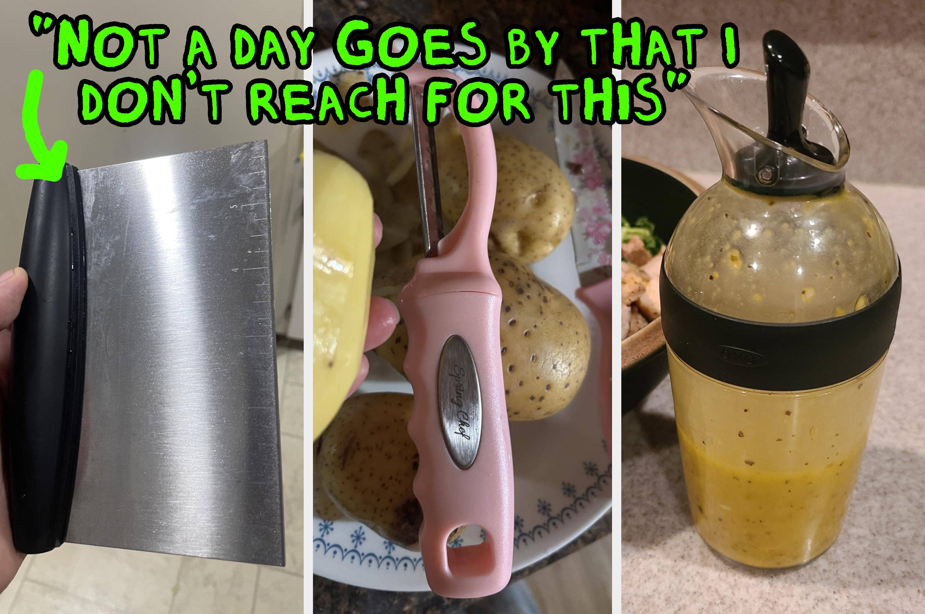 Three kitchen tools: a metal dough scraper, a pink potato peeler with an ergonomic handle, and a salad dressing shaker filled with dressing