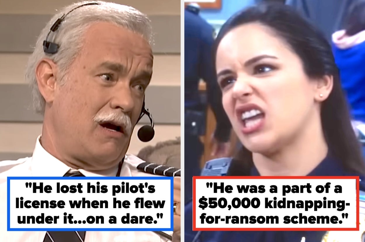 Two sitcom scenes with actors in humorous expressions. Left: Man with headset. Right: Woman grimacing. Quotes below each describe comedic situations